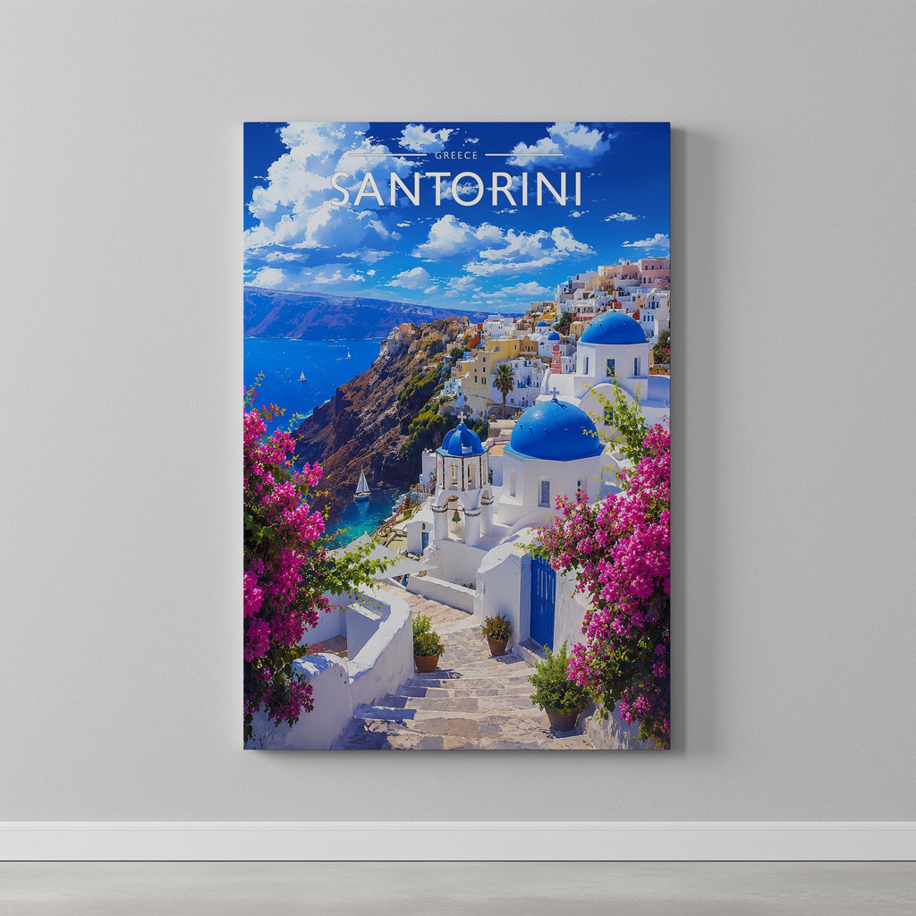 Santorini Travel Poster as a gallery-wrapped canvas on a plain wall