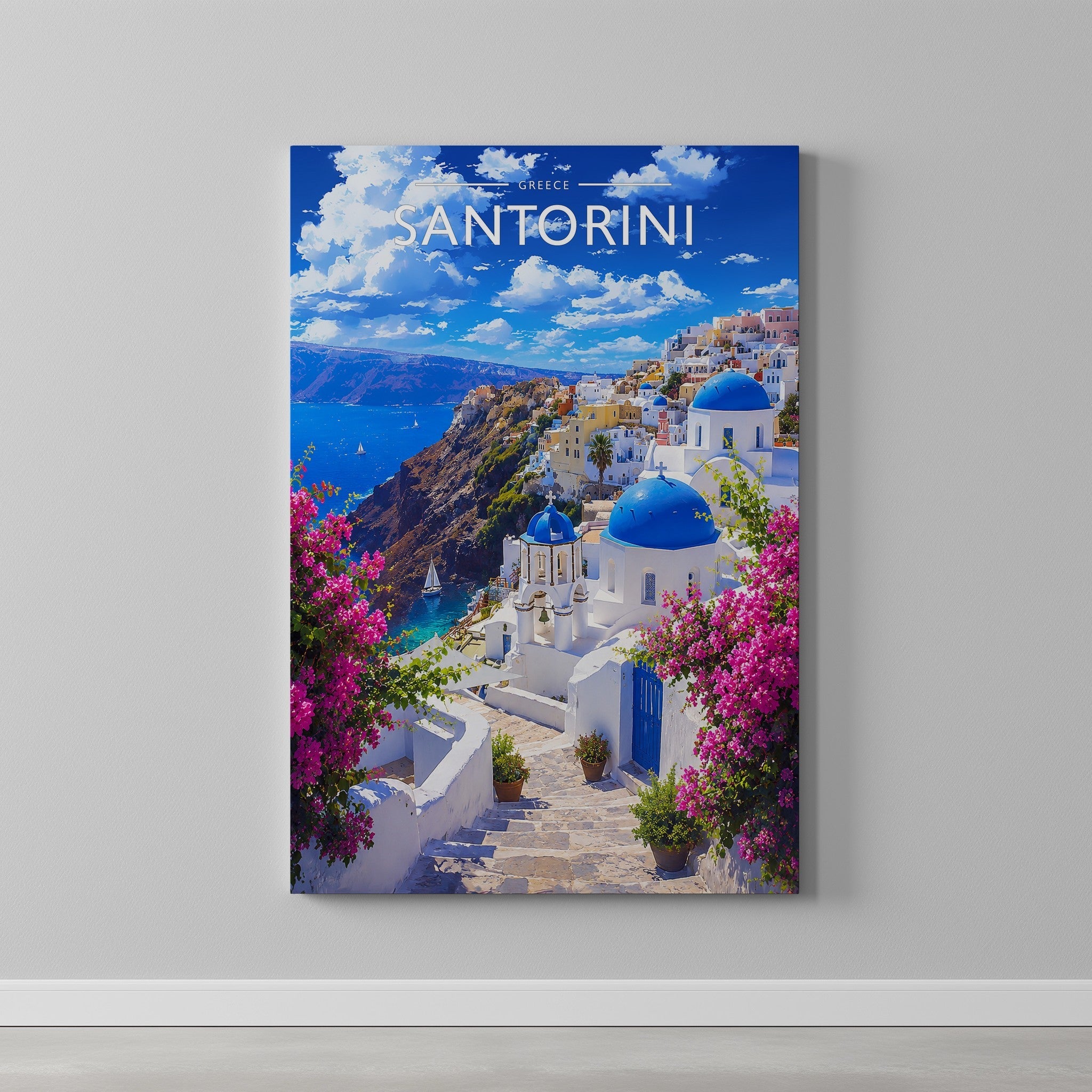 Santorini Travel Poster as a gallery-wrapped canvas on a plain wall