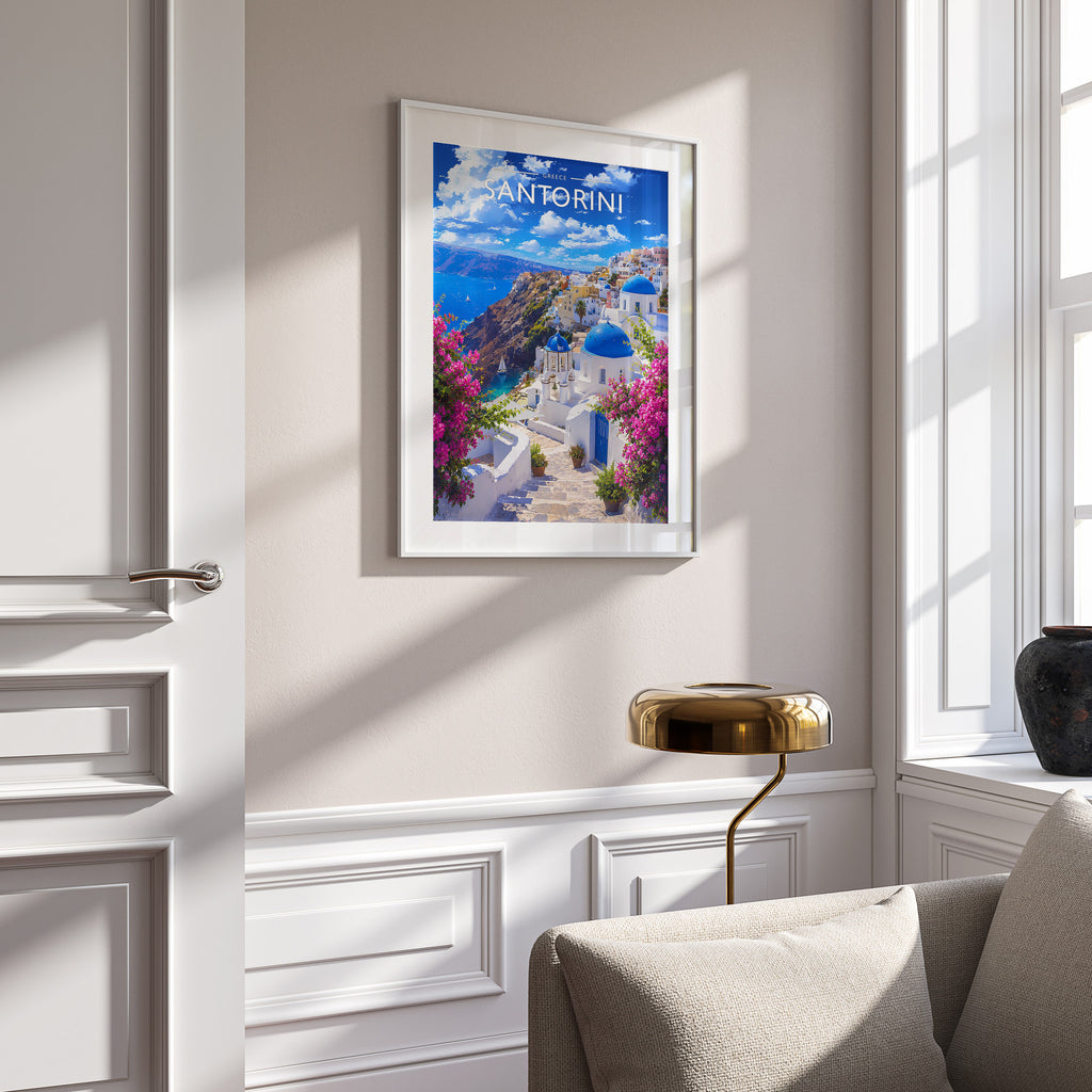 Santorini Travel Poster in a white frame on a panelled wall