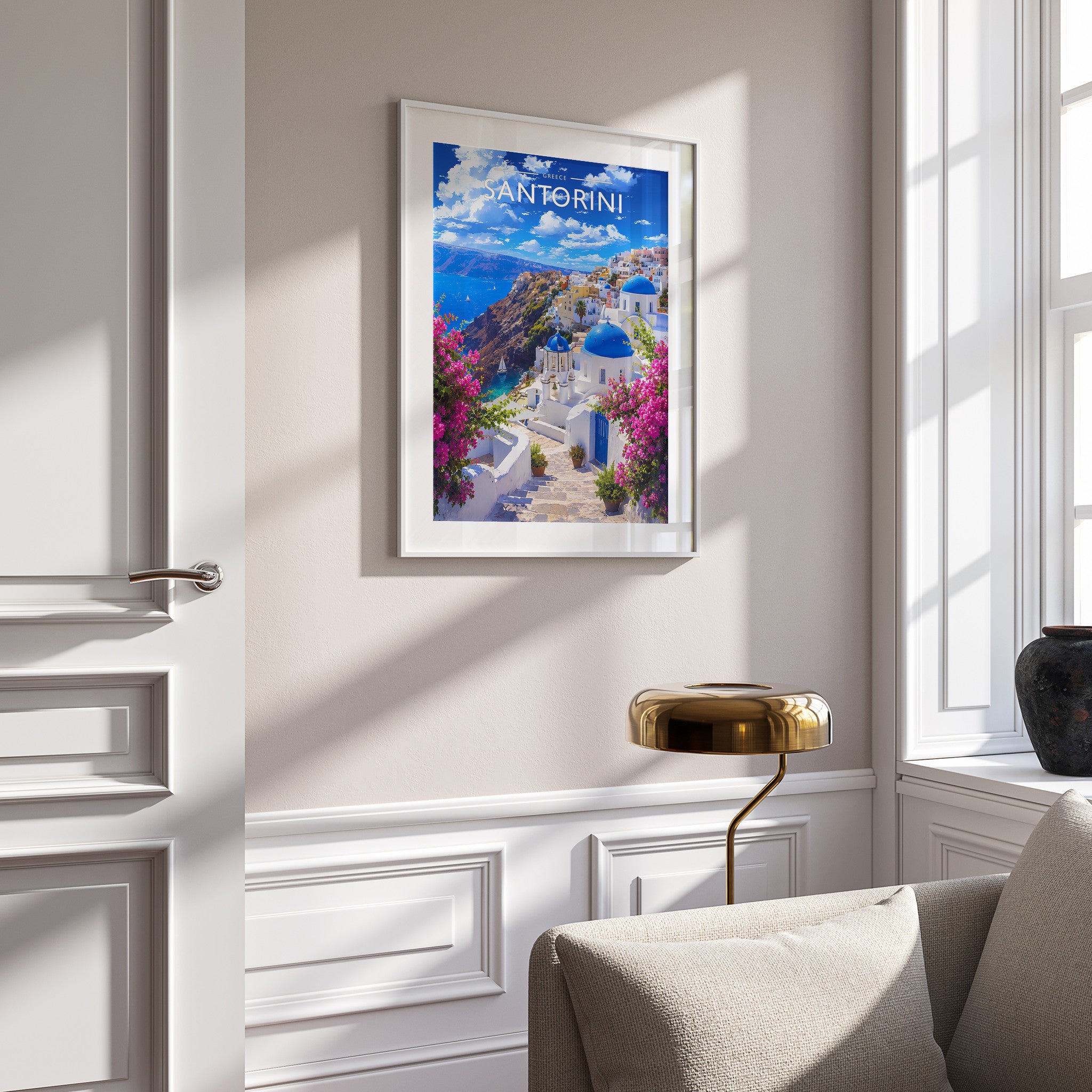 Santorini Travel Poster in a white frame on a panelled wall