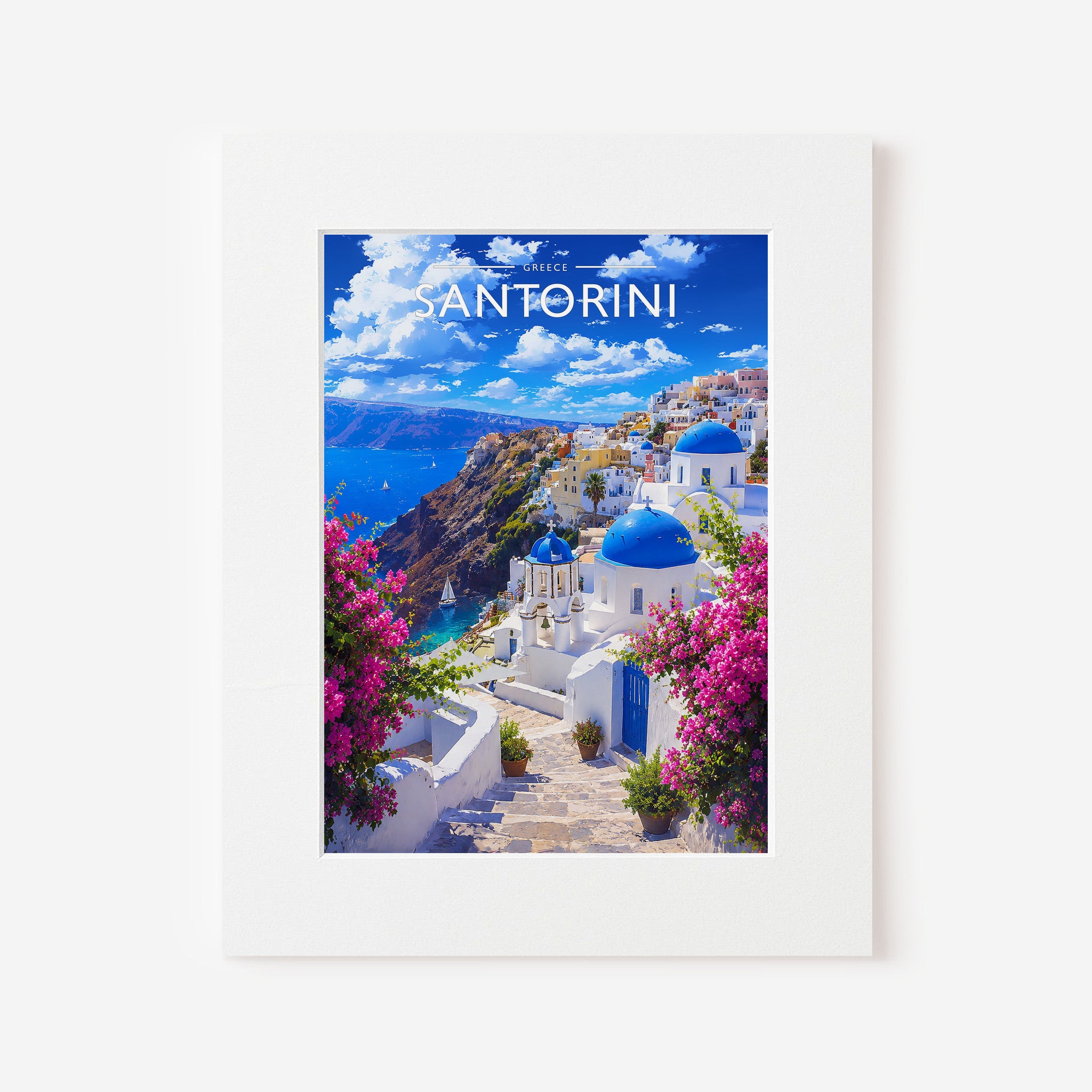 Santorini Travel Poster in a white mount