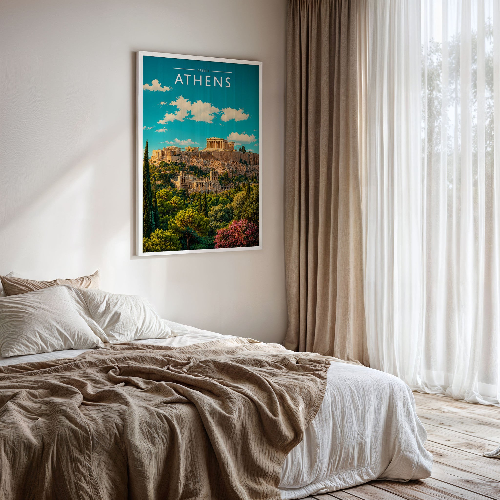 Athens Travel Poster framed on a bedroom wall