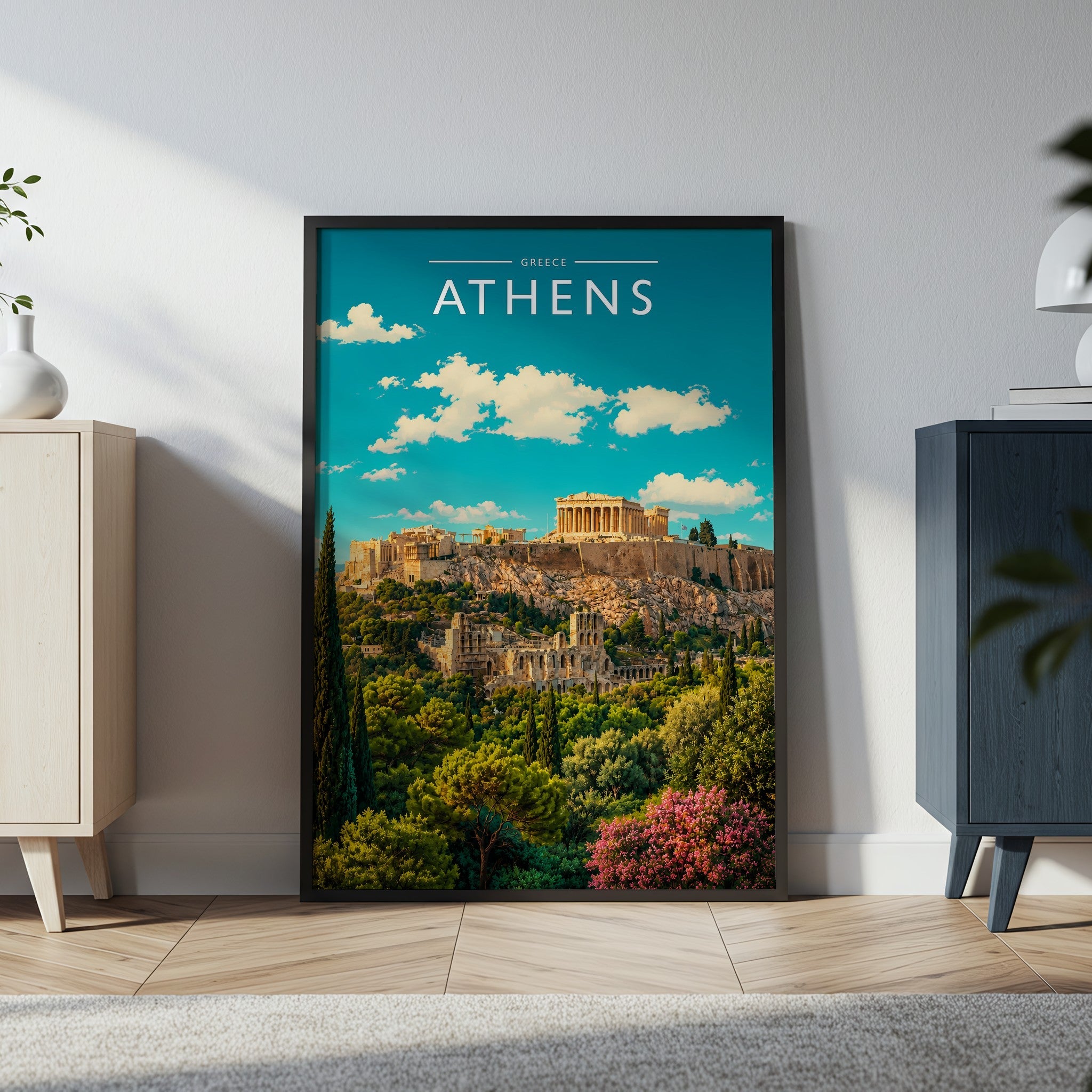 Athens Travel Poster in a black frame