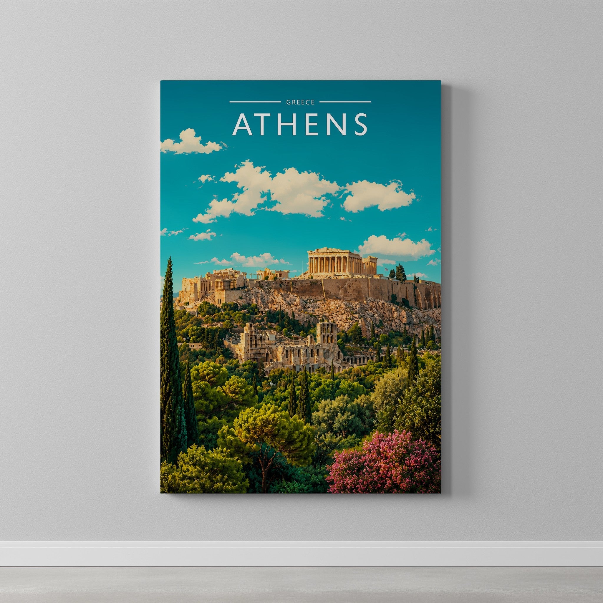 Athens Travel Poster as a gallery-wrapped canvas on a plain wall