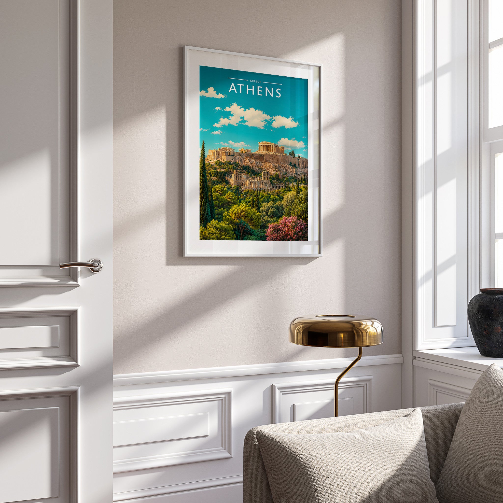 Athens Travel Poster in a white frame on a panelled wall