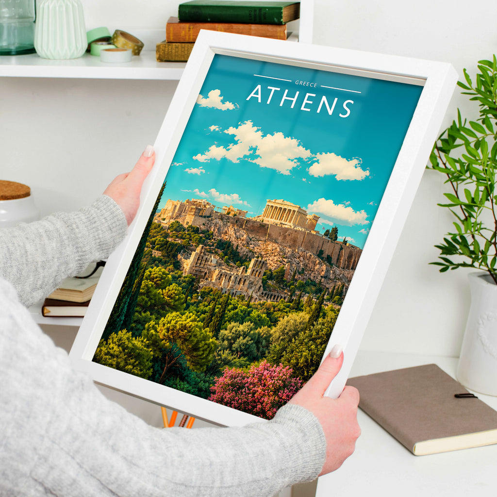 Athens Travel Poster in a white frame, held to show scale