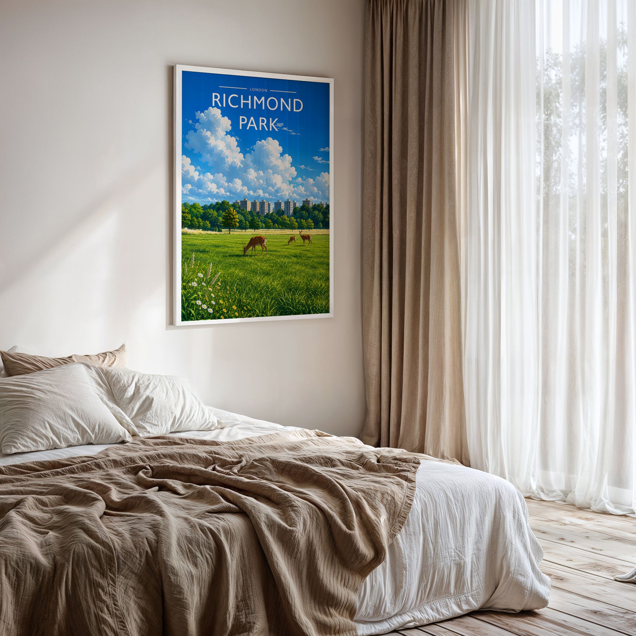 London #7 Travel Poster framed on a bedroom wall