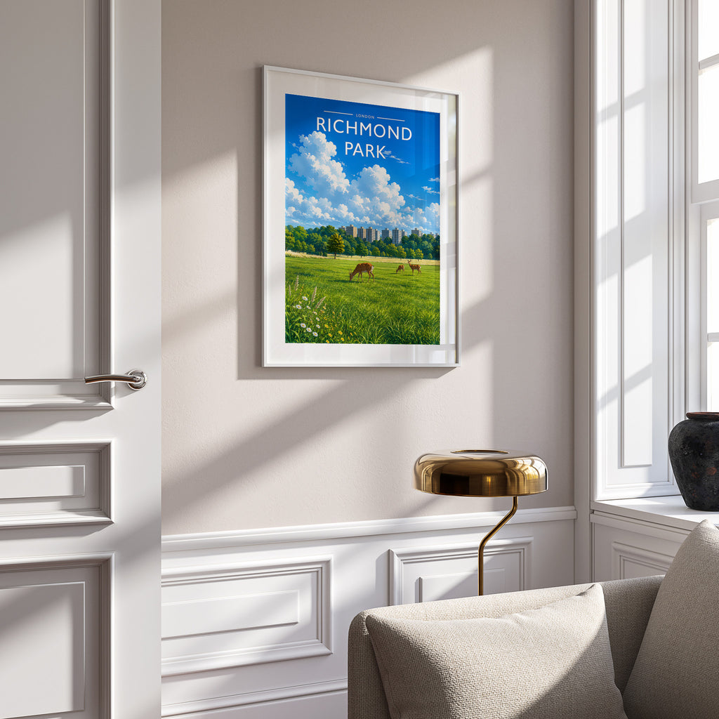 London #7 Travel Poster in a white frame on a panelled wall