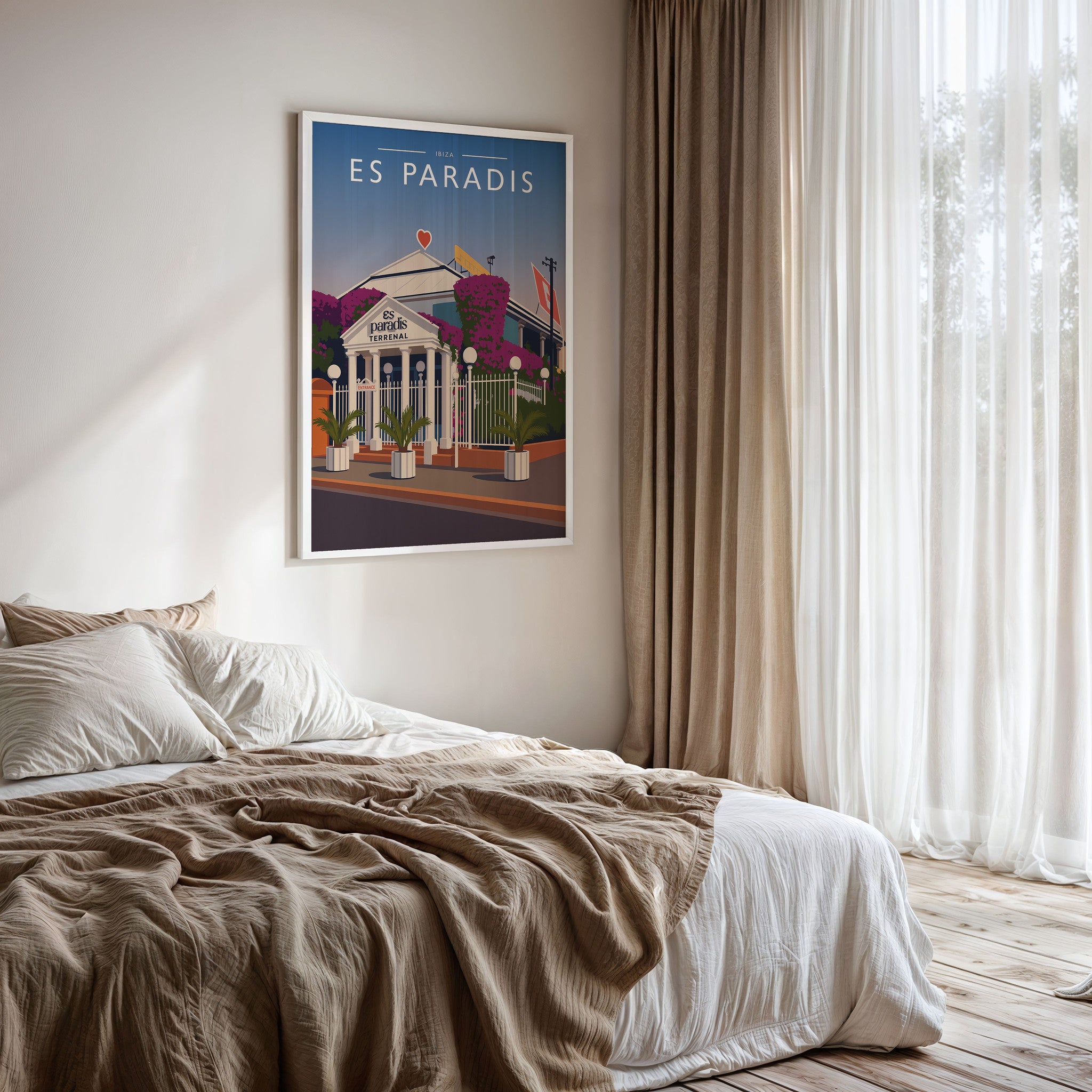 Ibiza #2 Travel Poster framed on a bedroom wall