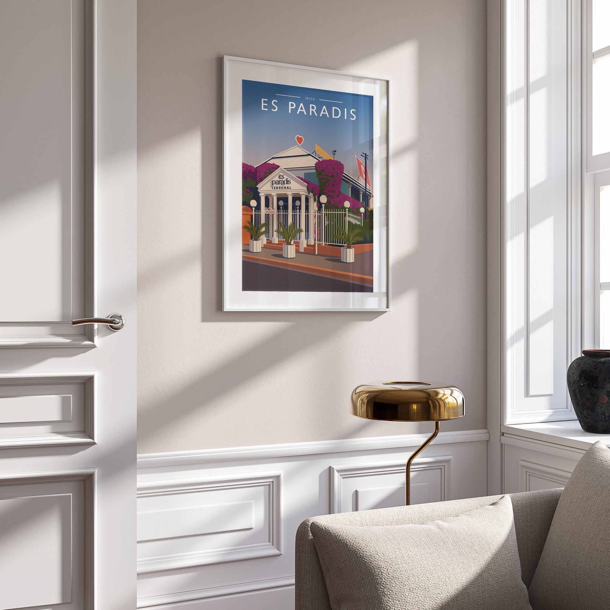 Ibiza #2 Travel Poster in a white frame on a panelled wall