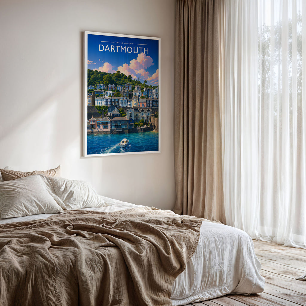 Dartmouth #3 Travel Poster framed on a bedroom wall