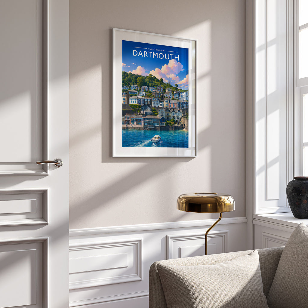 Dartmouth #3 Travel Poster in a white frame on a panelled wall