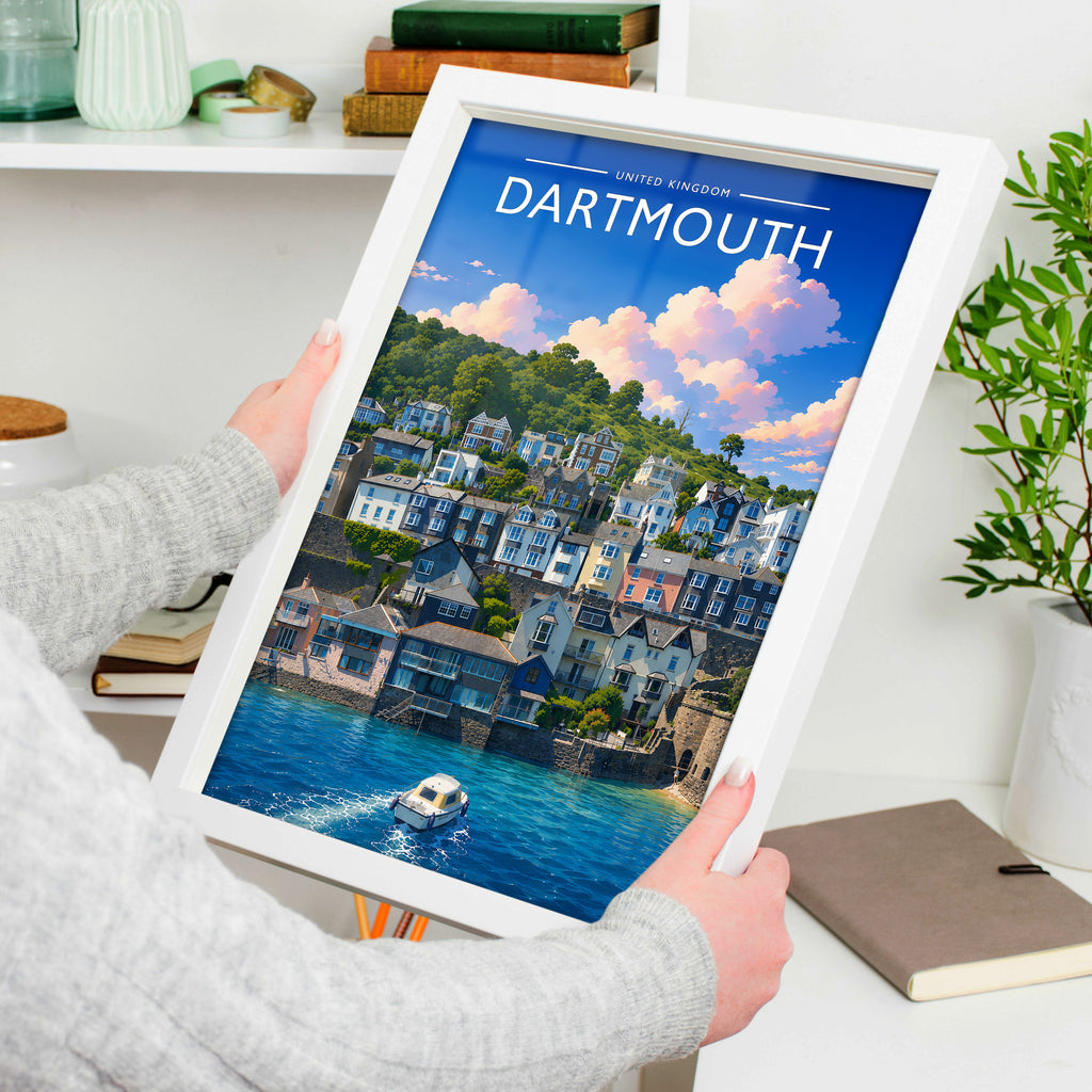 Dartmouth #3 Travel Poster in a white frame, held to show scale