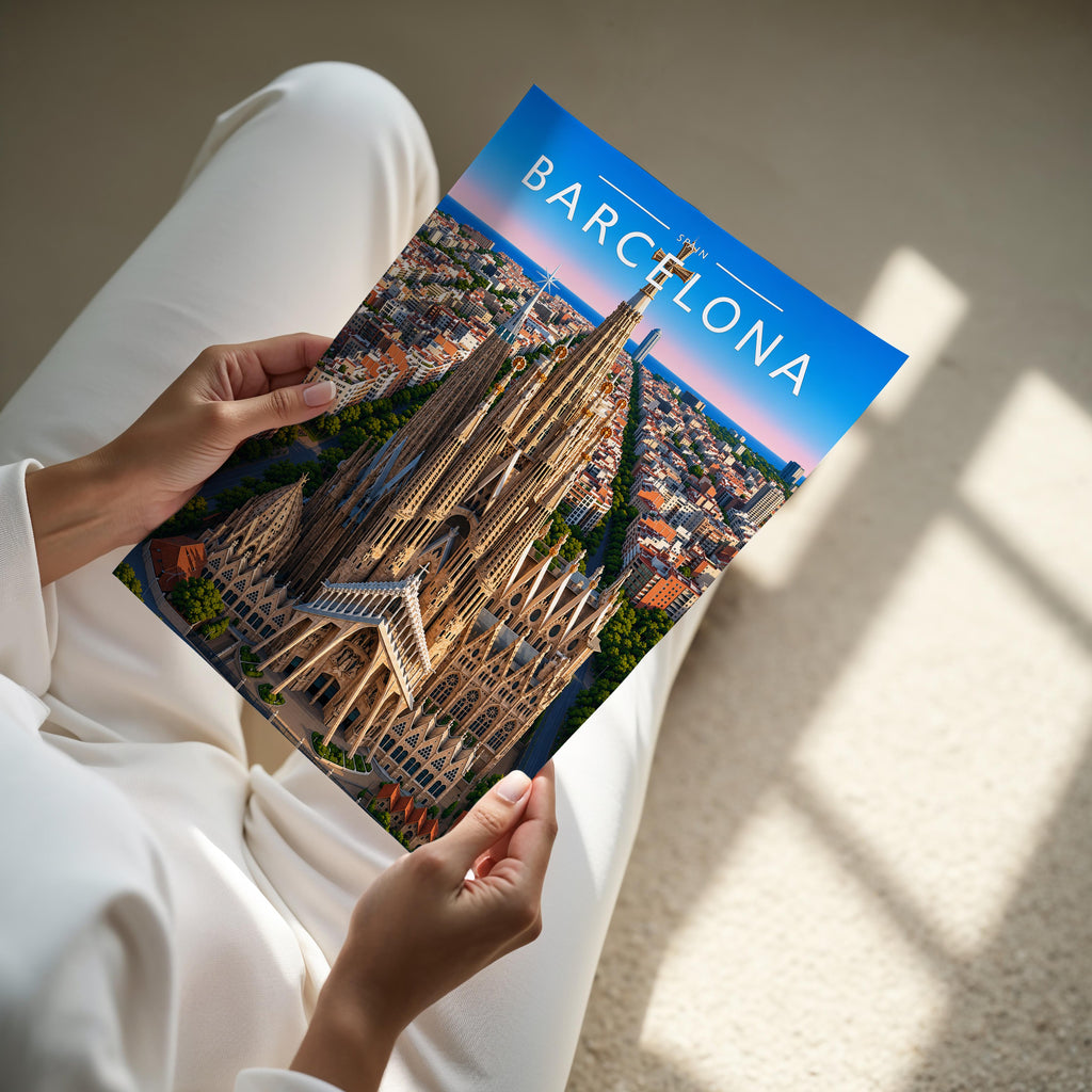 Barcelona Travel Poster - A4 print held in hand