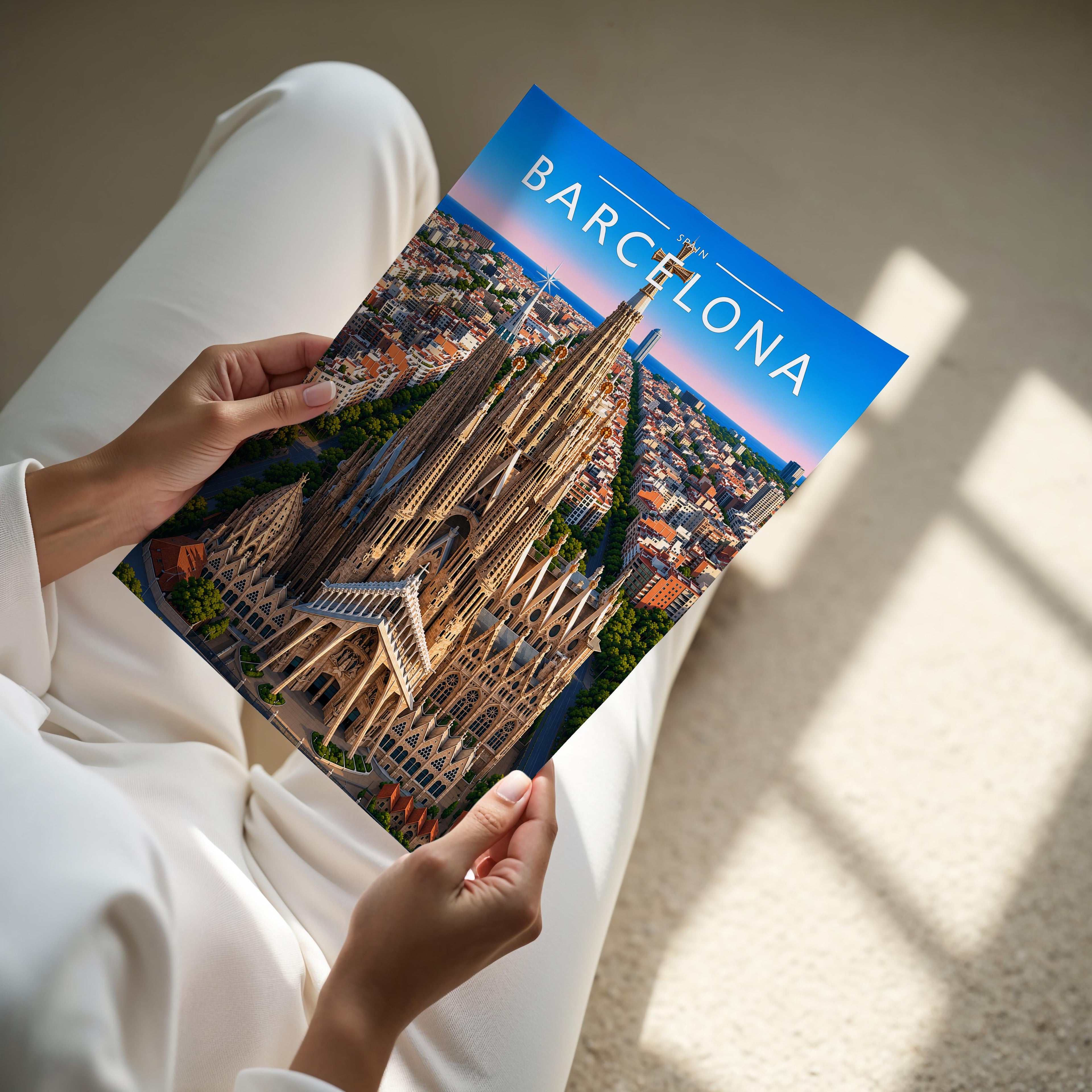 Barcelona Travel Poster - A4 print held in hand