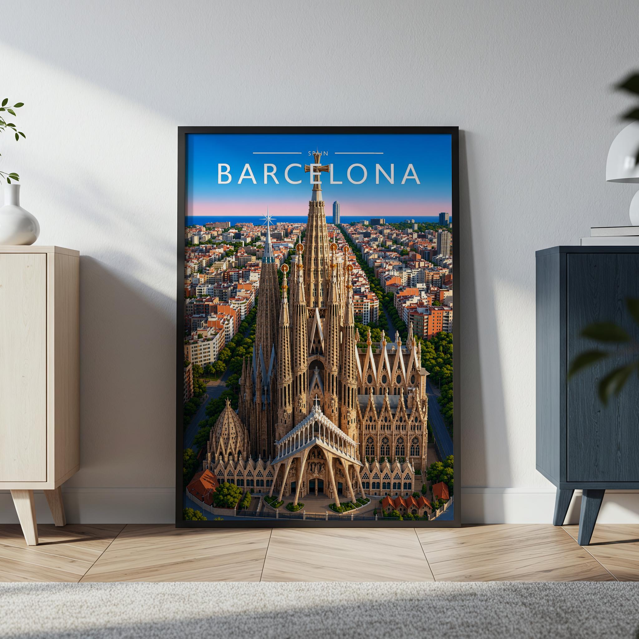 Barcelona Travel Poster in a black frame