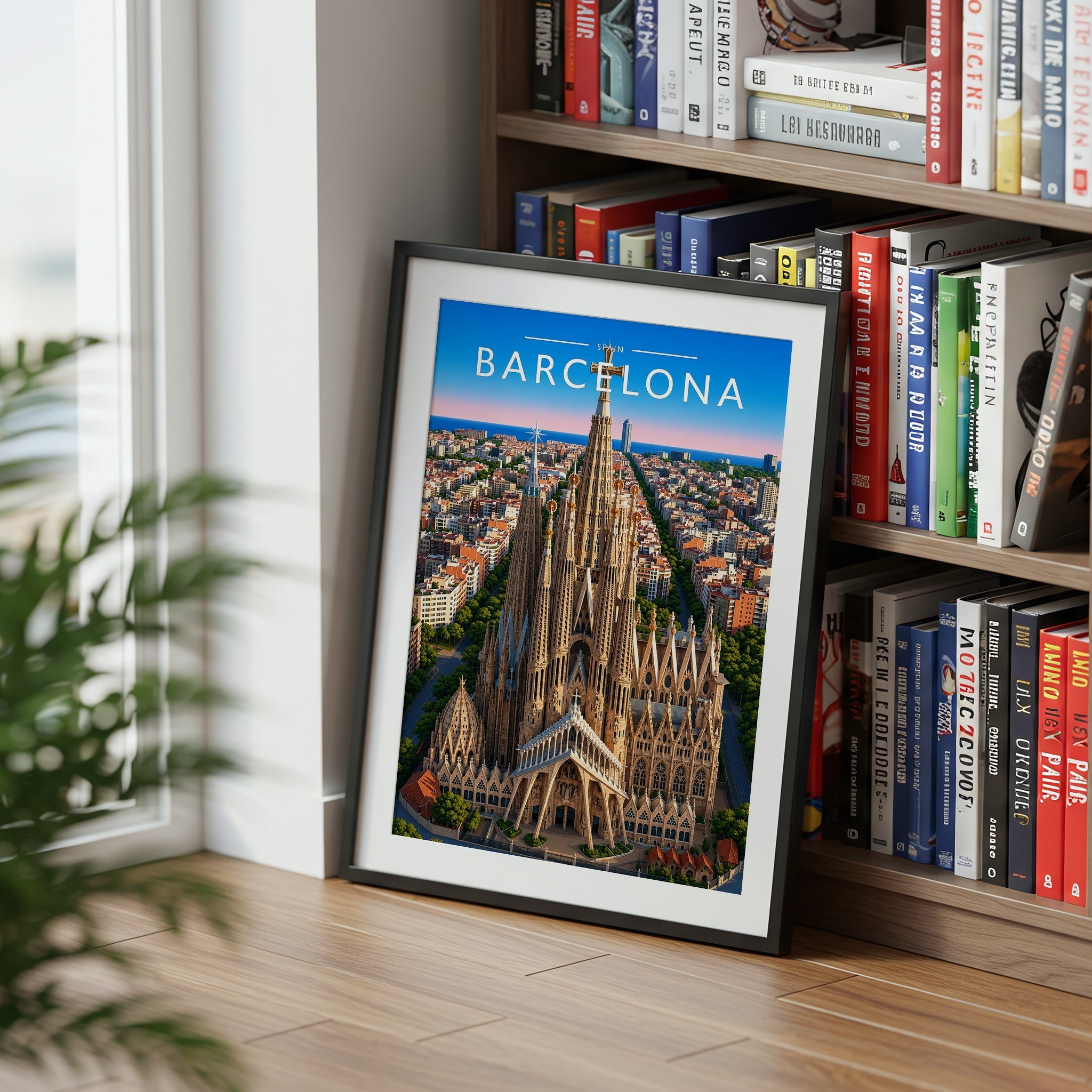 Barcelona Travel Poster mounted in a black frame