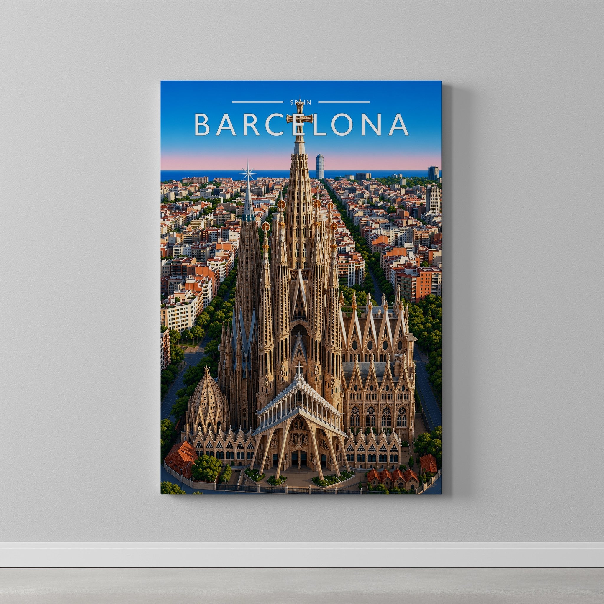 Barcelona Travel Poster as a gallery-wrapped canvas on a plain wall