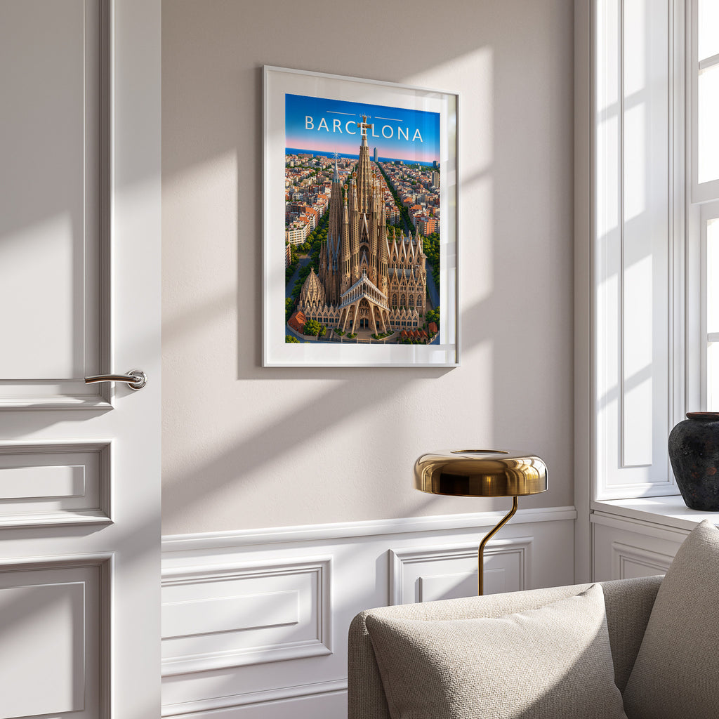 Barcelona Travel Poster in a white frame on a panelled wall