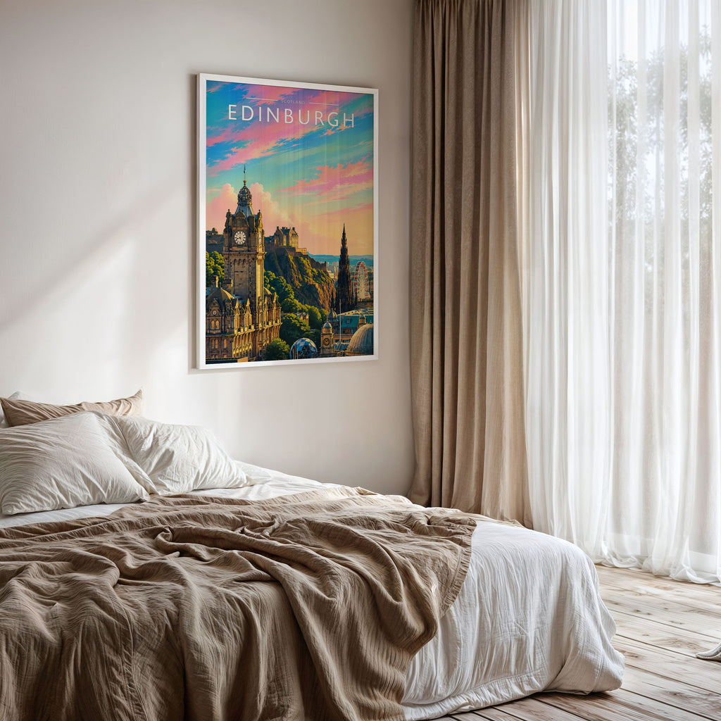 Edinburgh Travel Poster framed on a bedroom wall