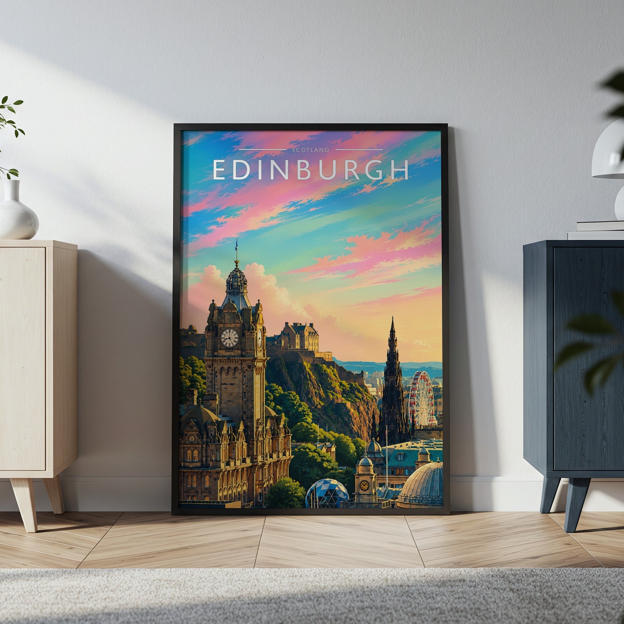 Edinburgh Travel Poster in a black frame