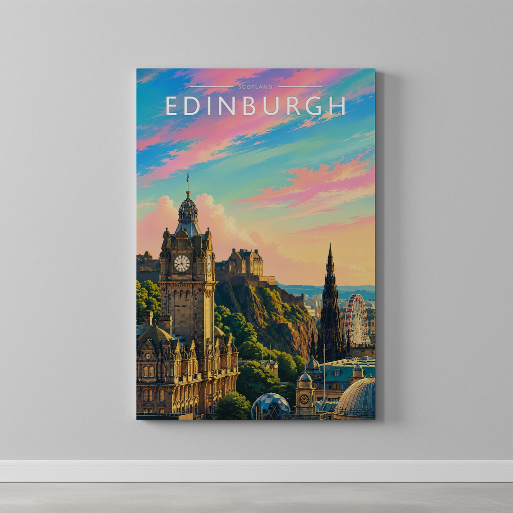 Edinburgh Travel Poster as a gallery-wrapped canvas on a plain wall