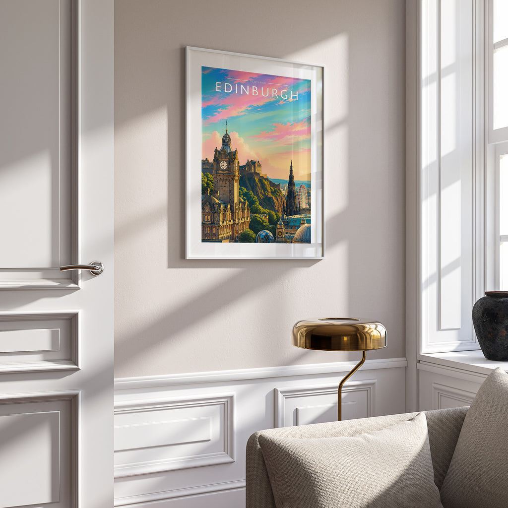 Edinburgh Travel Poster in a white frame on a panelled wall