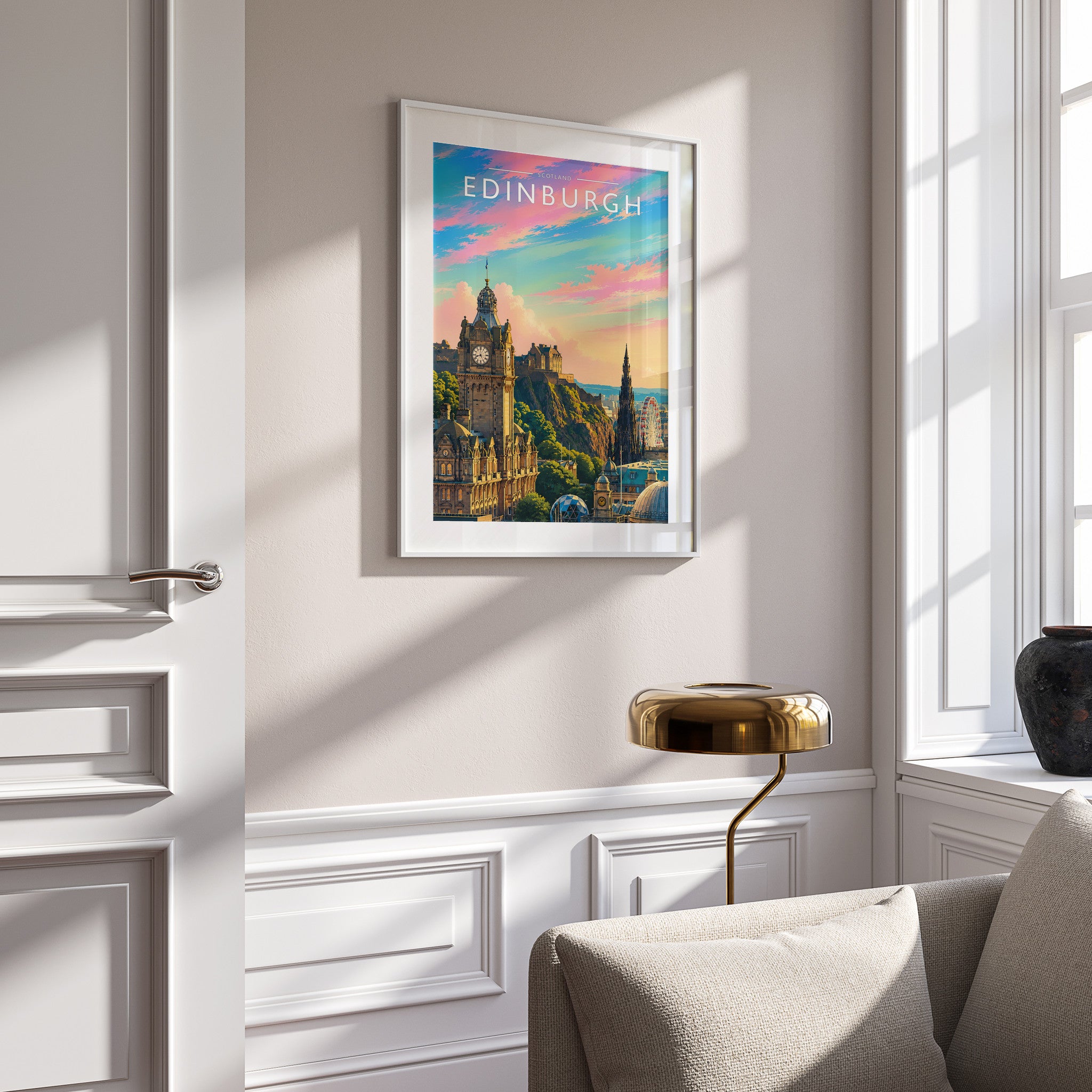 Edinburgh Travel Poster in a white frame on a panelled wall