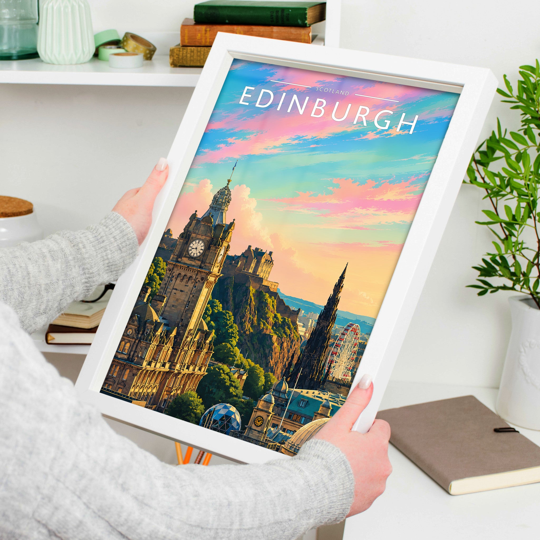 Edinburgh Travel Poster in a white frame, held to show scale
