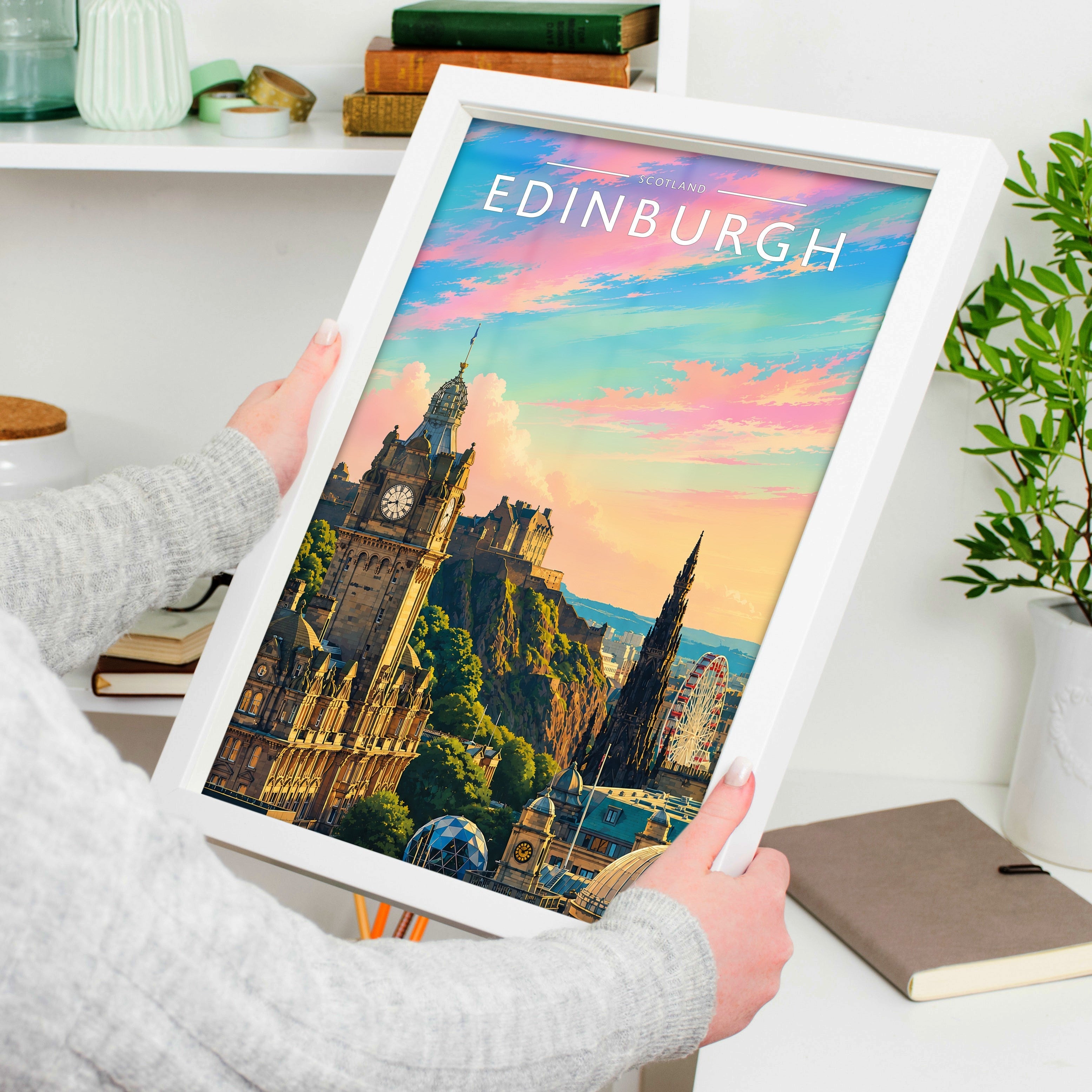 Edinburgh Travel Poster held in a white frame