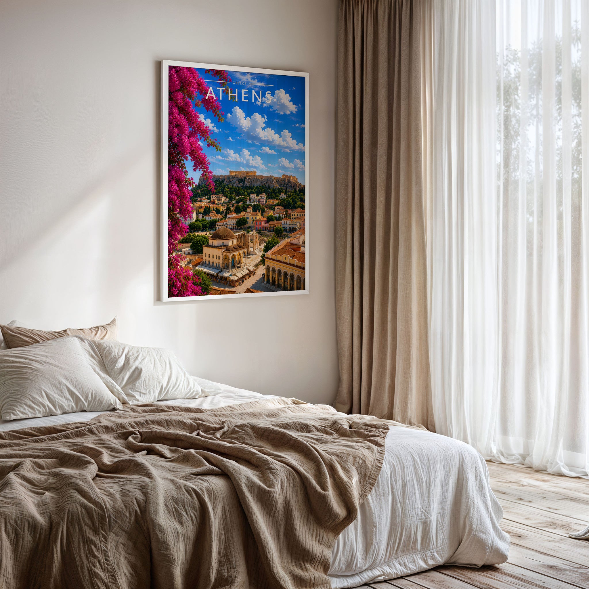 Athens #2 Travel Poster framed on a bedroom wall