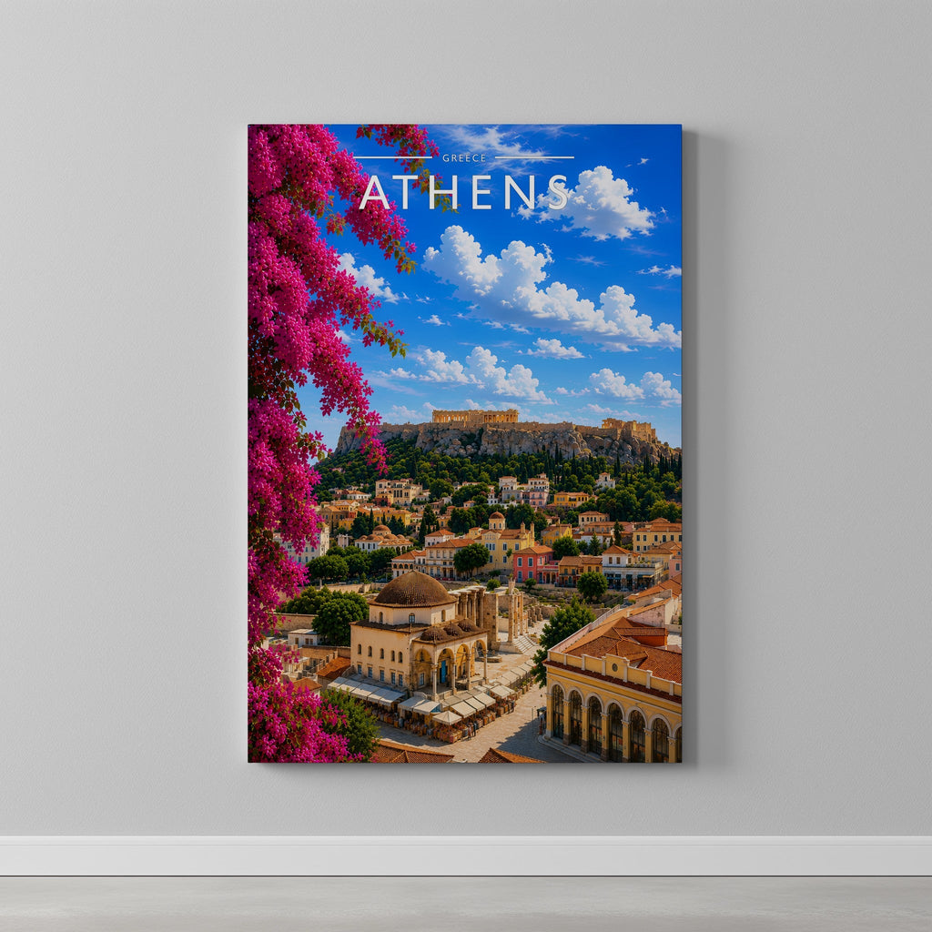 Athens #2 Travel Poster as a gallery-wrapped canvas on a plain wall