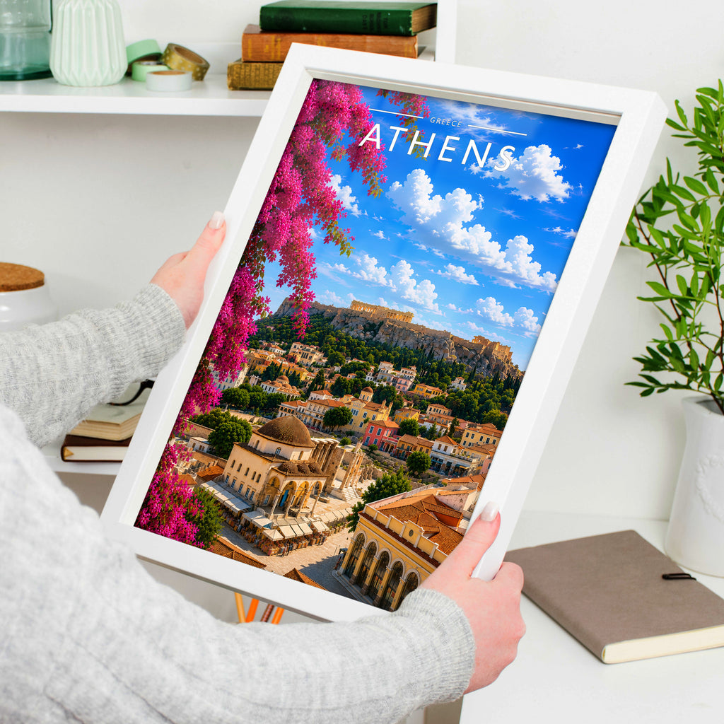 Athens #2 Travel Poster in a white frame, held to show scale