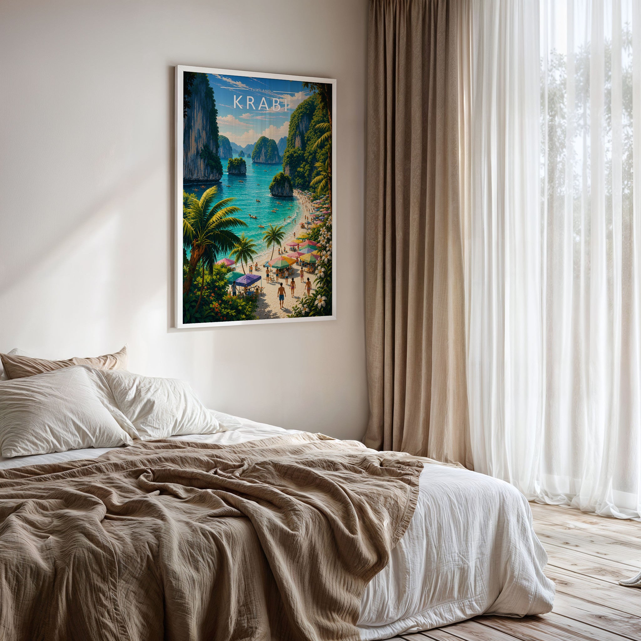 Krabi Travel Poster framed on a bedroom wall