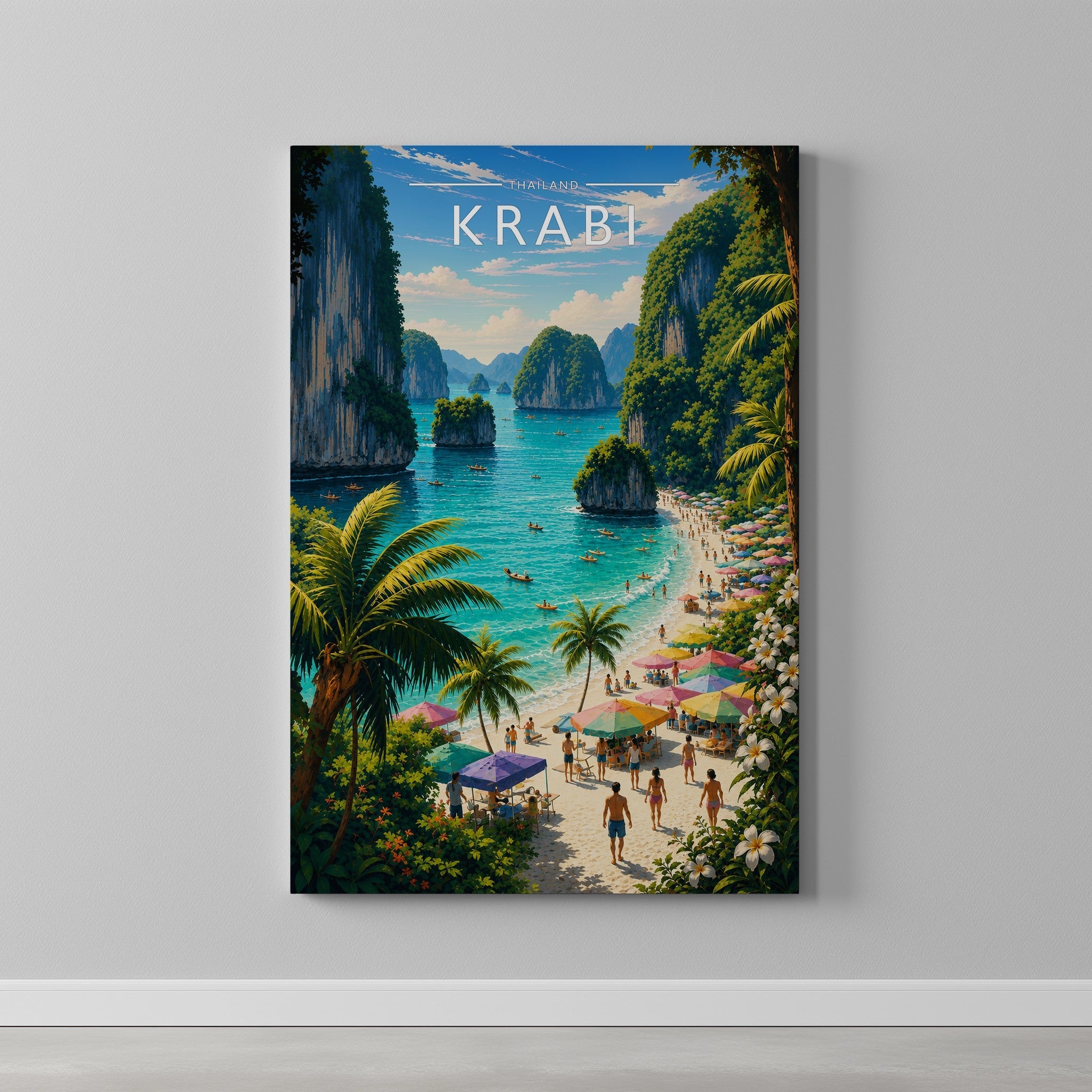 Krabi Travel Poster as a gallery-wrapped canvas on a plain wall