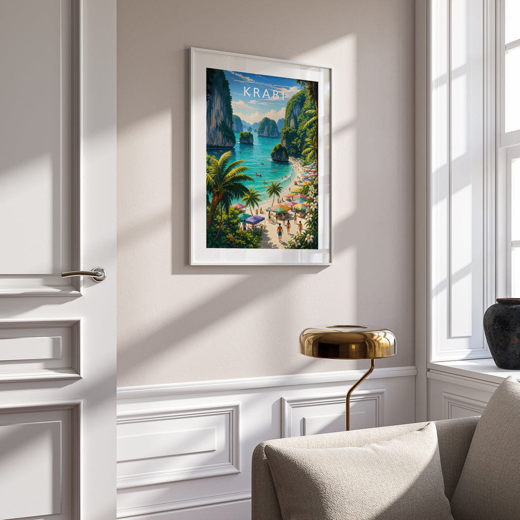 Krabi Travel Poster in a white frame on a panelled wall