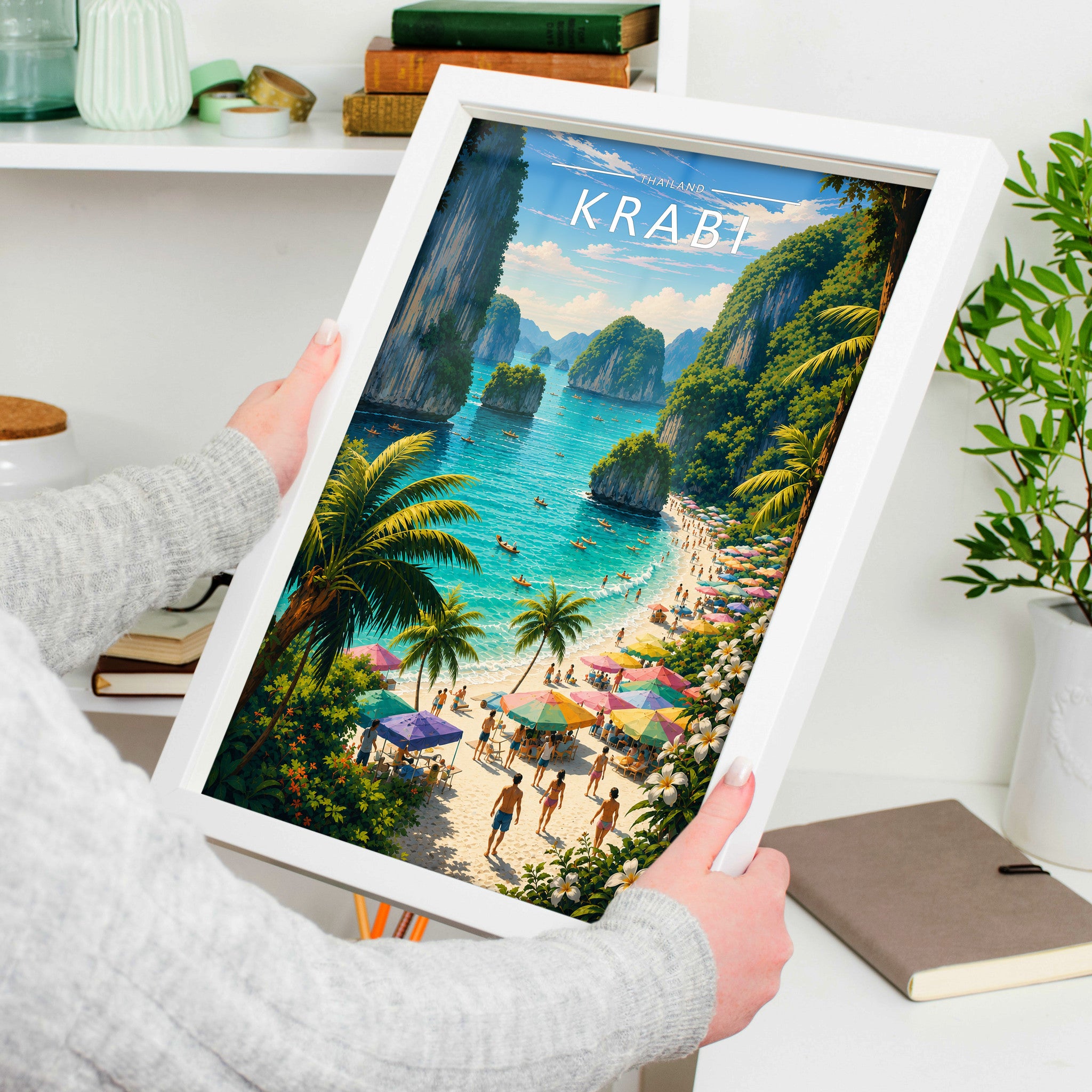 Krabi Travel Poster in a white frame, held to show scale
