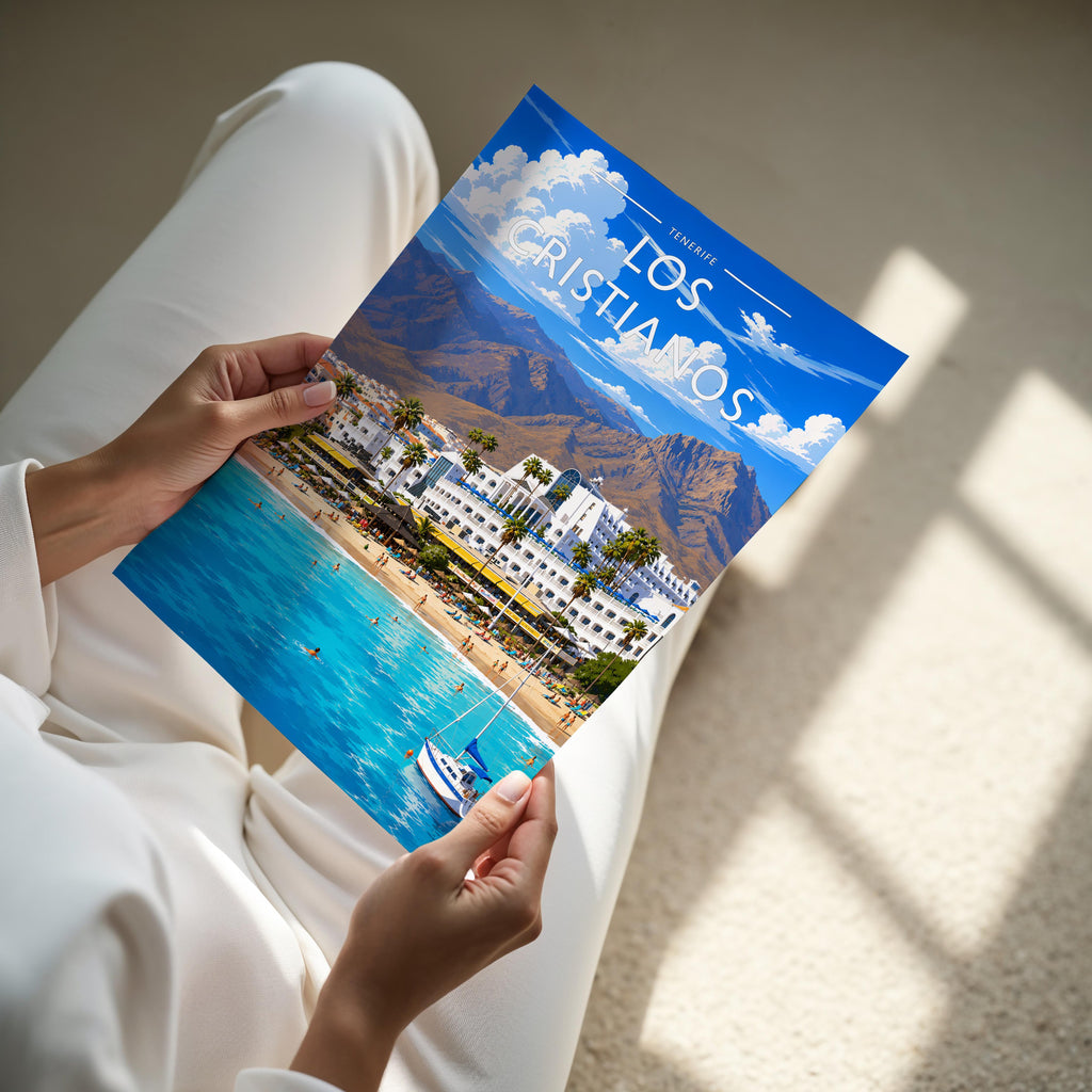 Los Cristianos Travel Poster - A4 print held in hand