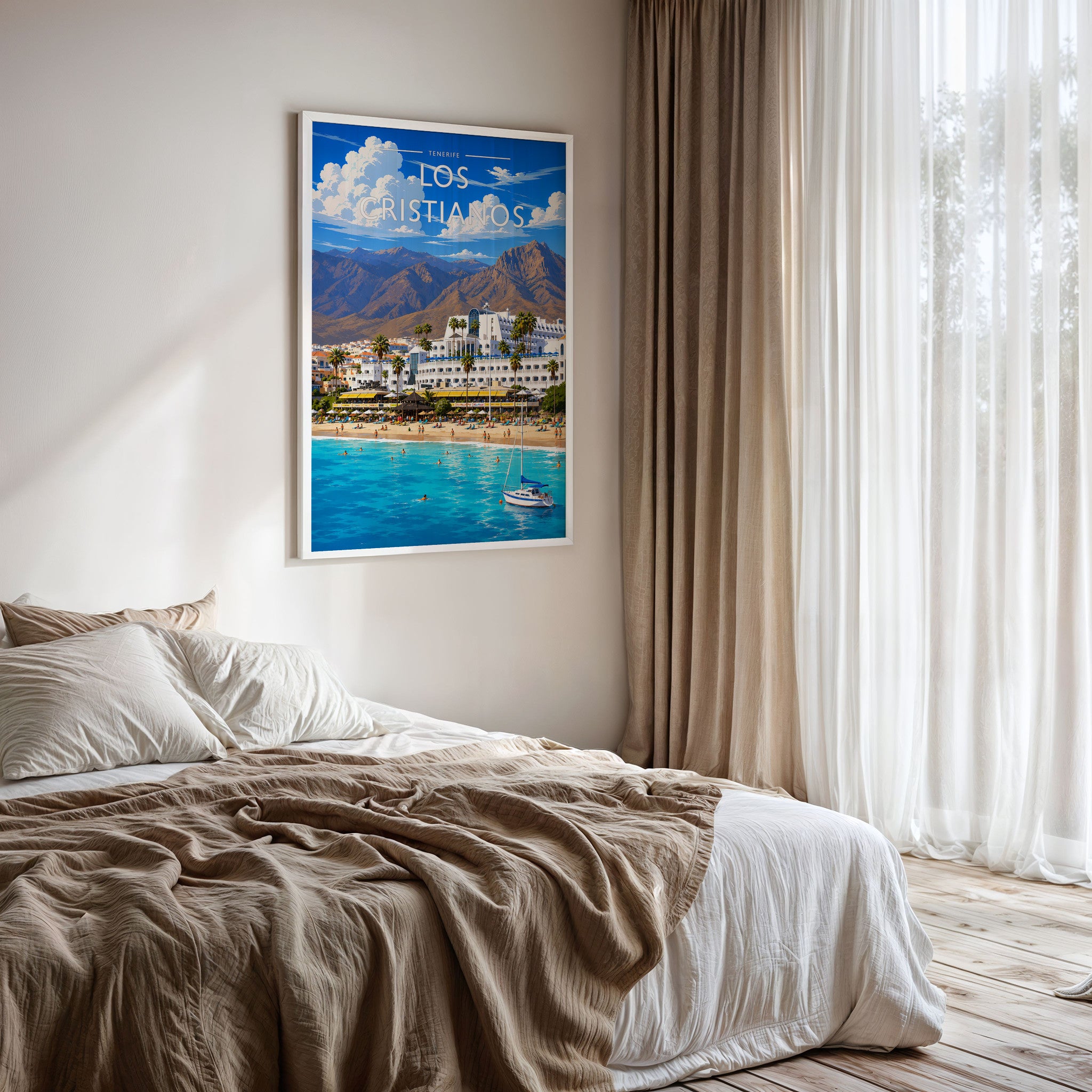 Los Cristianos Travel Poster framed on a bedroom wall