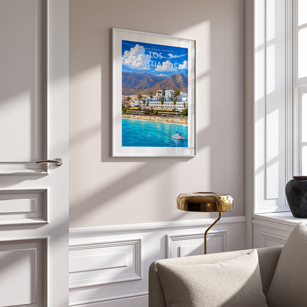 Los Cristianos Travel Poster in a white frame on a panelled wall