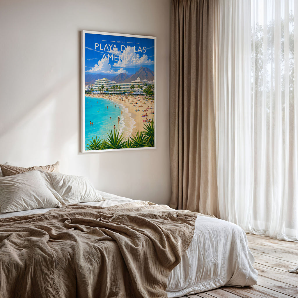 Playa de las Americas #2 Travel Poster framed on a bedroom wall