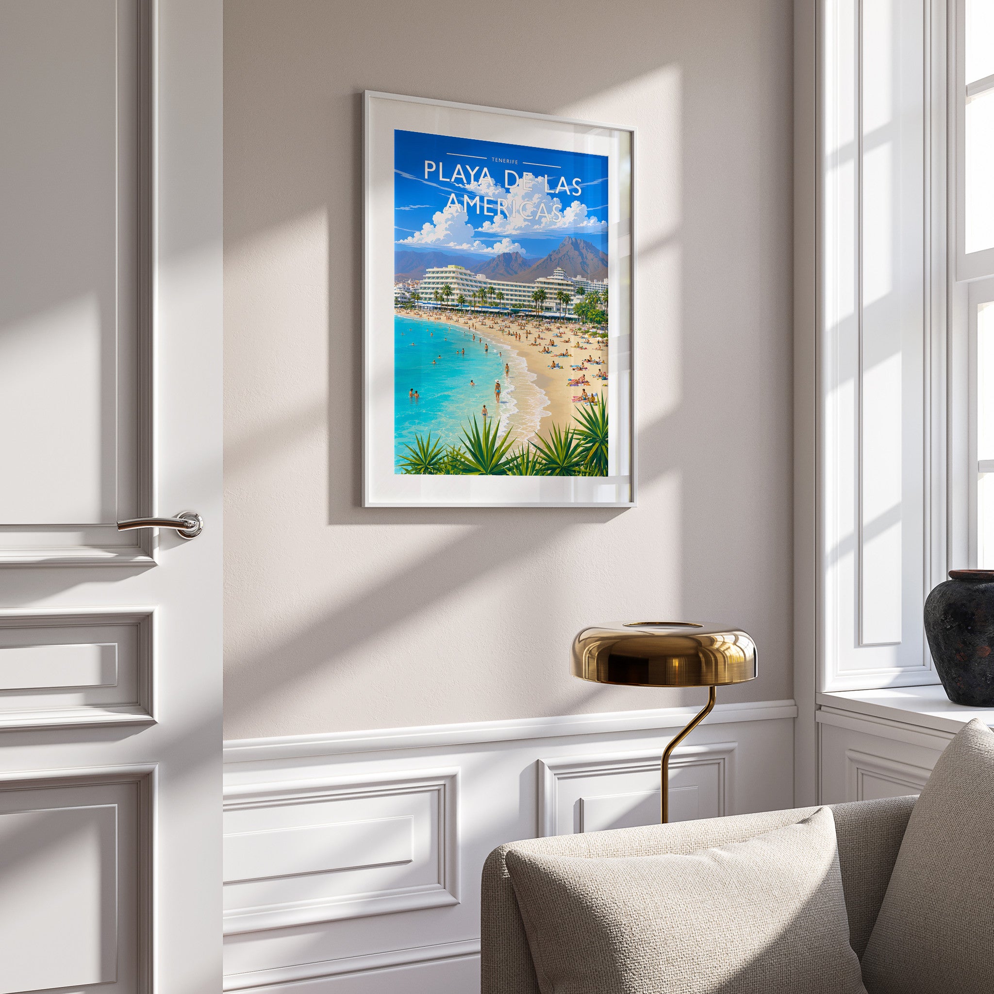 Playa de las Americas #2 Travel Poster in a white frame on a panelled wall