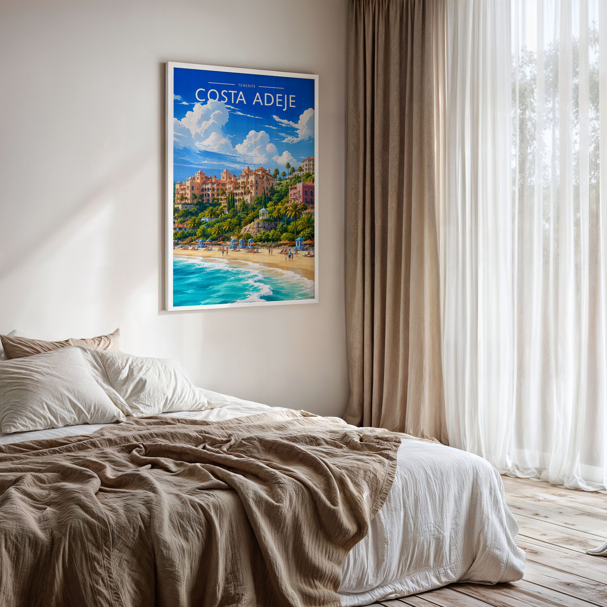 Costa Adeje #3 Travel Poster framed on a bedroom wall