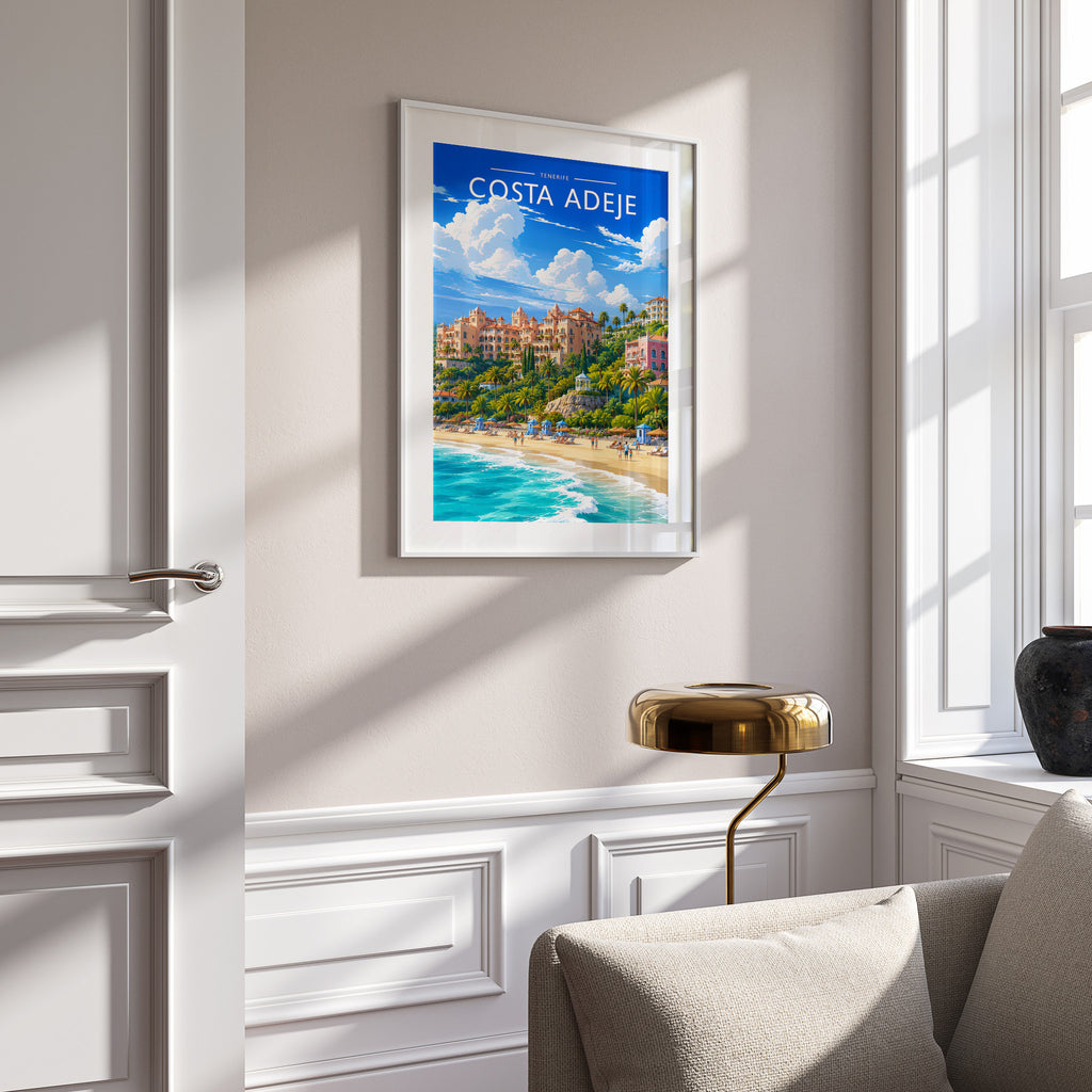 Costa Adeje #3 Travel Poster in a white frame on a panelled wall