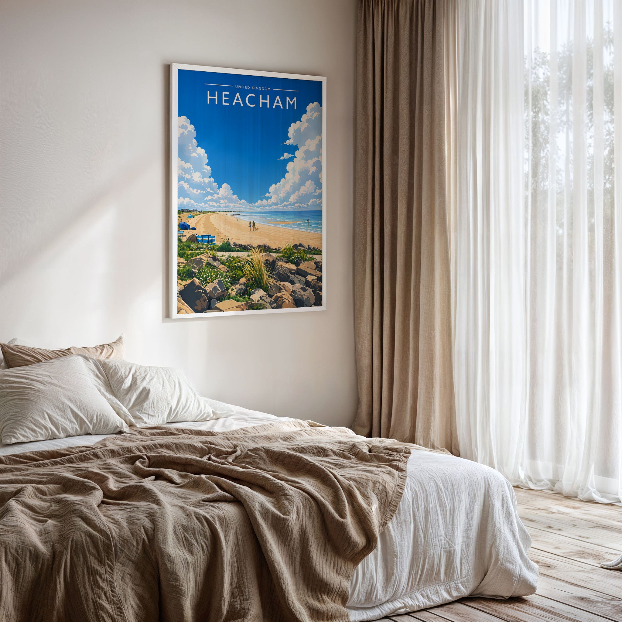 Heacham #4 Travel Poster framed on a bedroom wall