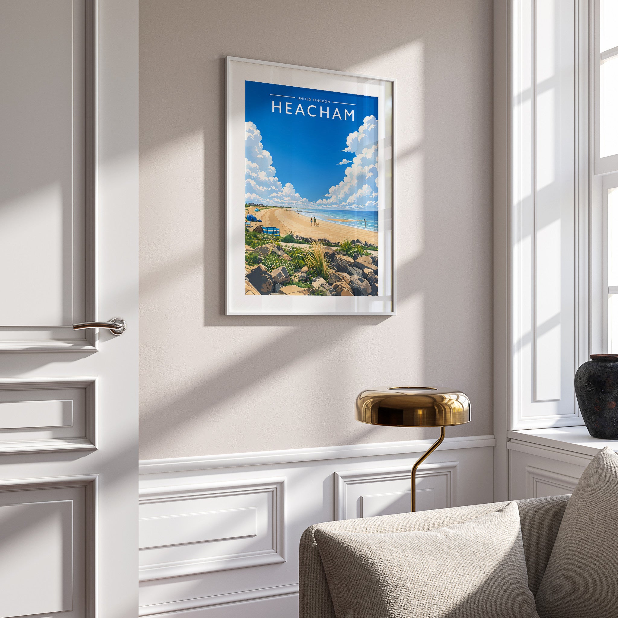 Heacham #4 Travel Poster in a white frame on a panelled wall