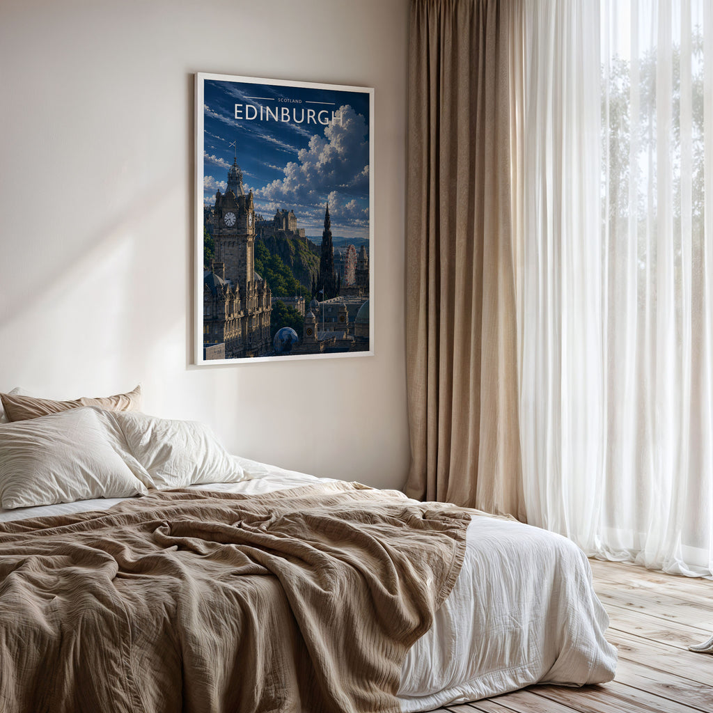 Edinburgh #2 Travel Poster framed on a bedroom wall