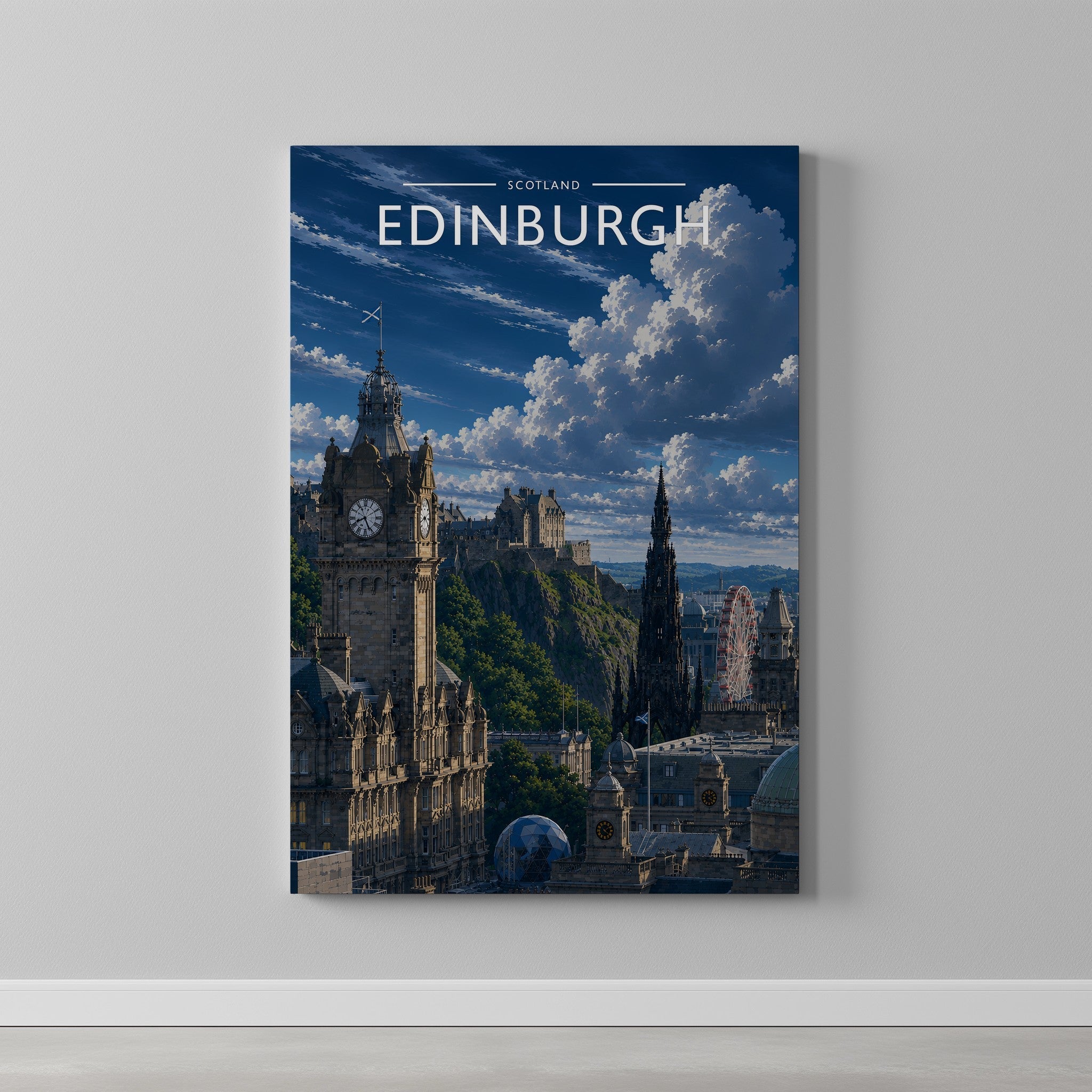 Edinburgh #2 Travel Poster as a gallery-wrapped canvas on a plain wall