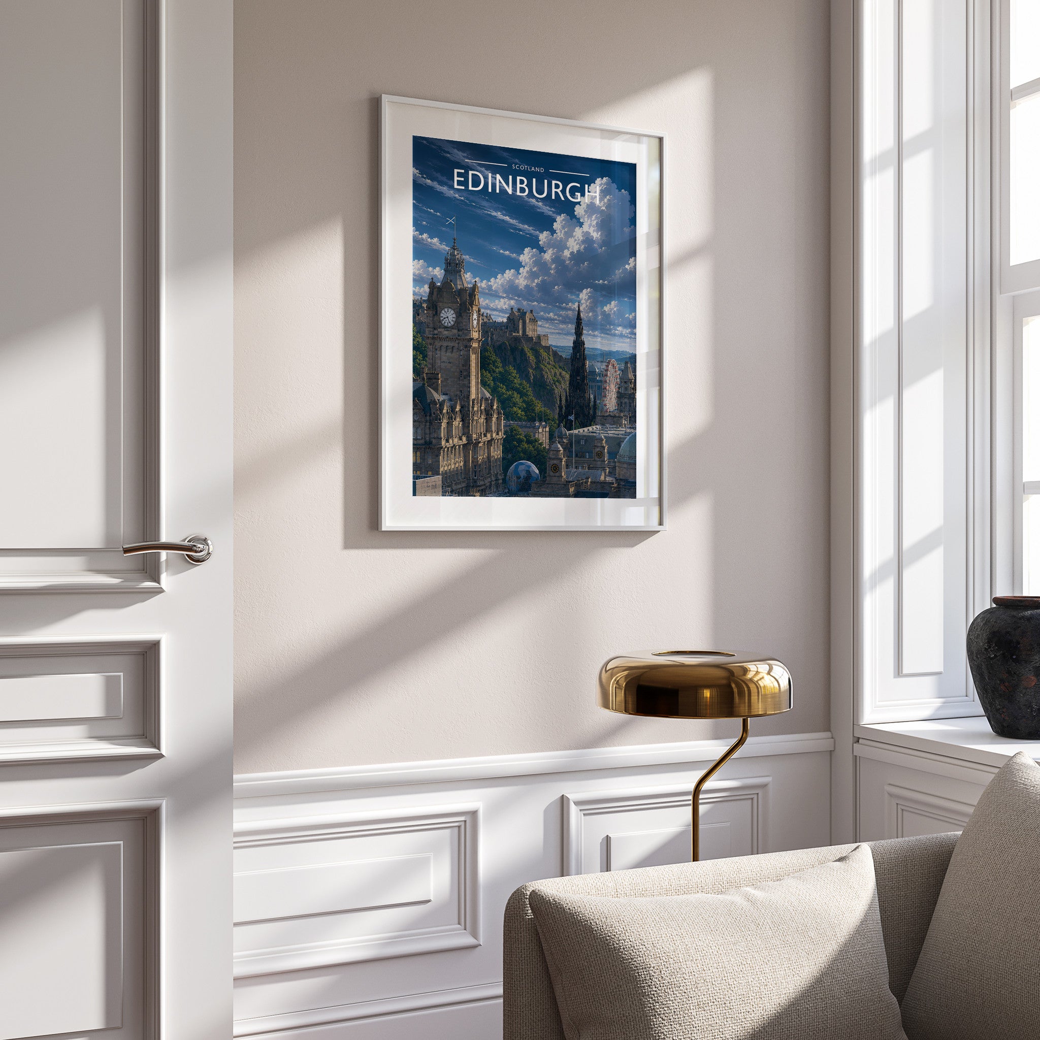 Edinburgh #2 Travel Poster in a white frame on a panelled wall