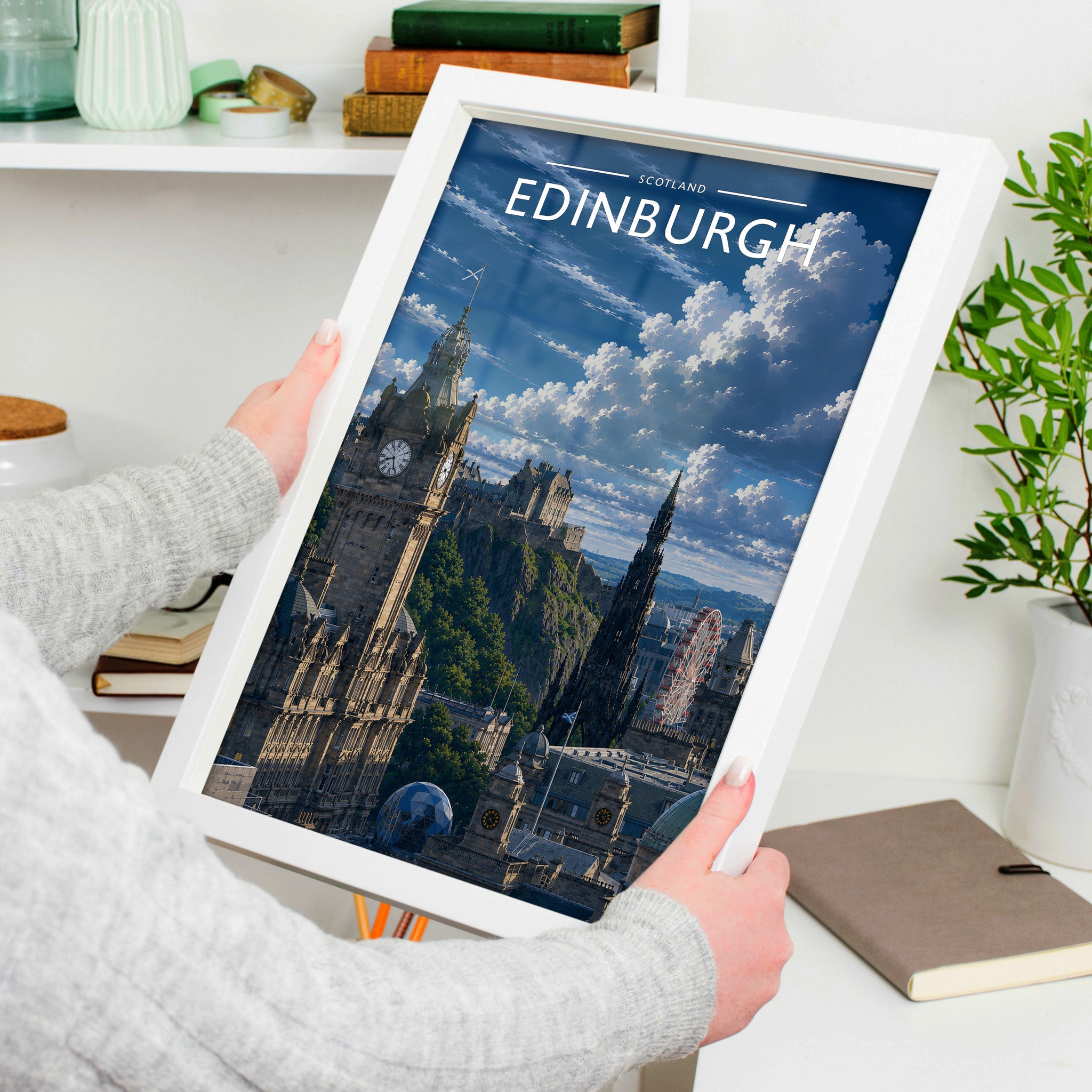 Edinburgh #2 Travel Poster in a white frame, held to show scale